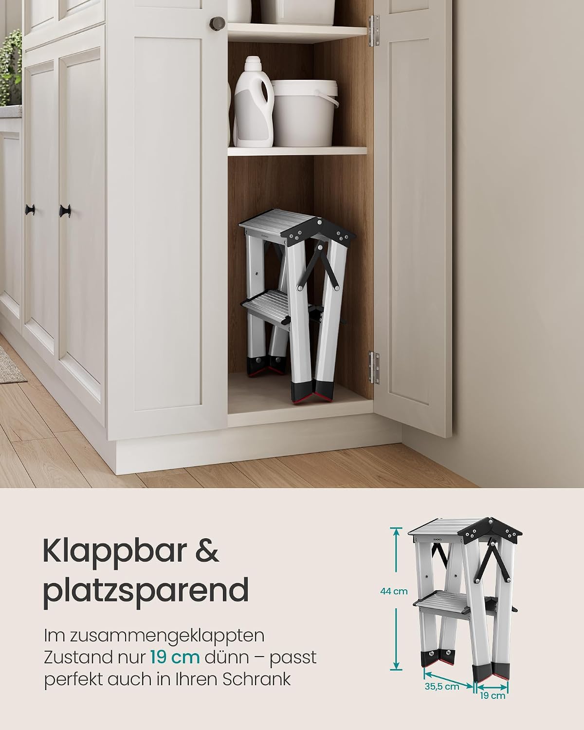 Detalle 2 de SONGMICS GLT012E01 Alu-Trittleiter klappbar mit 2 rutschfesten Stufen, bis 150 kg, Stehleiter für Haushalt & Garten