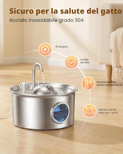Detalle de Fontanella per Gatti in acciaio DCTROD 2,6 L – Filtraggio quadruplo, silenziosa