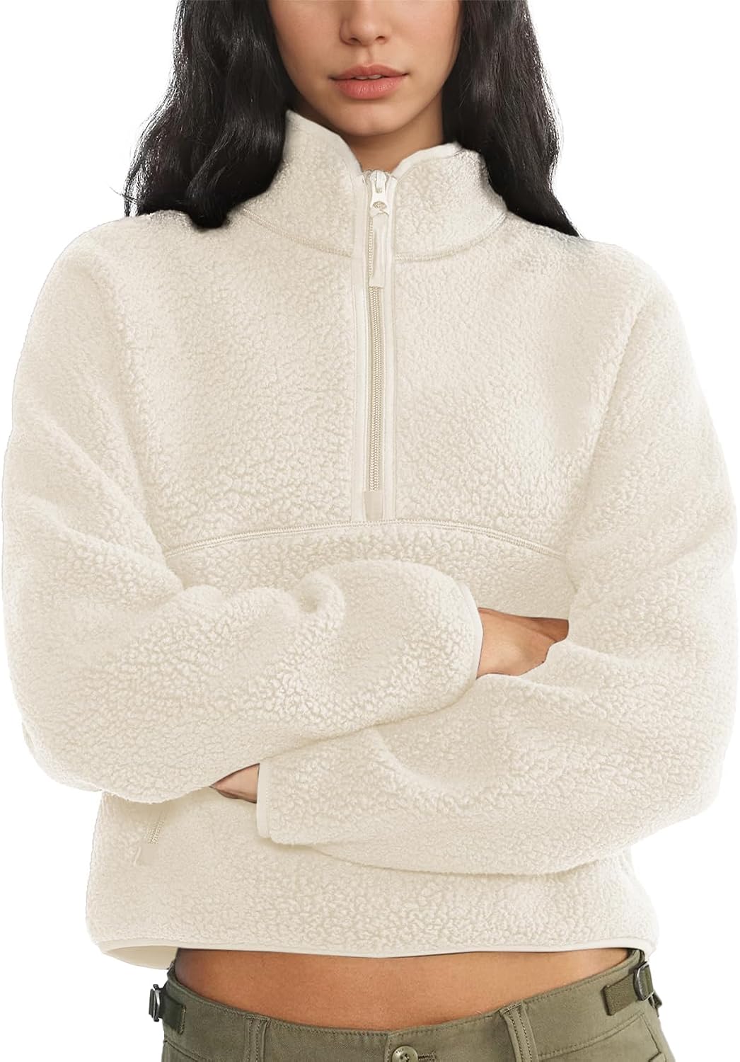 Detalle de Keeliya Women's Quarter-Zip Sherpa Fleece Pullover with Mock Neck and Side Pockets