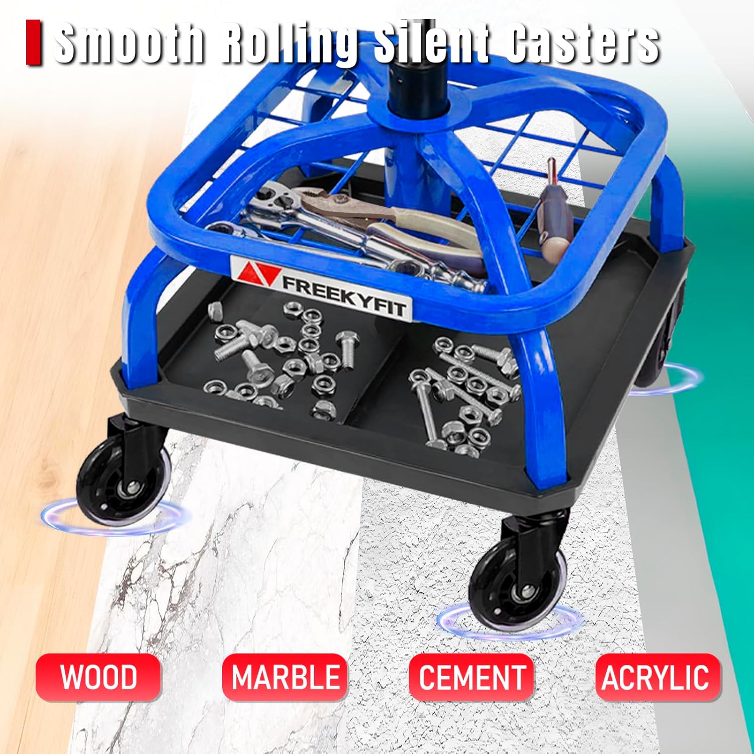Detalle de FreekyFit Rolling Shop Stool with Wheels — Heavy-Duty Garage Mechanic Chair