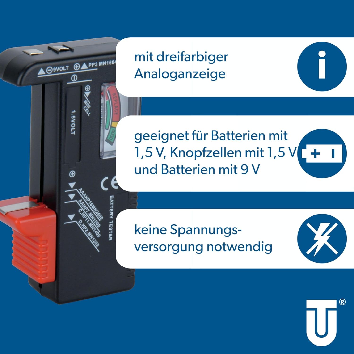 Detalle de UNITEC 46021 Universal Batterieprüfgerät: 1,5 V/9 V, Schwarz