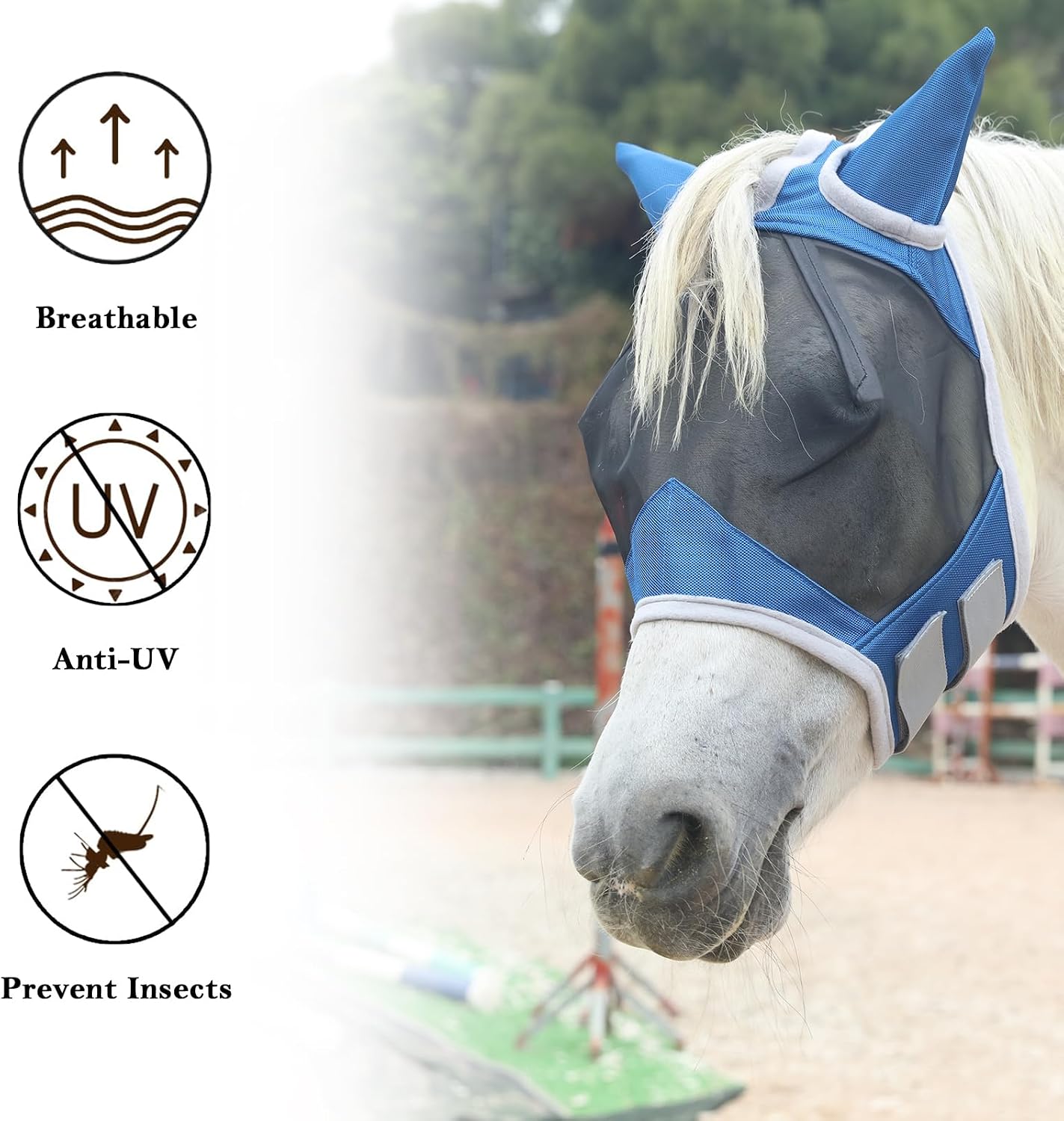 Detalle de Gallopoff Horse Fly Mask with Ears (Royal Blue Cob) – Breathable Mesh with UV Protection and Adjustable Fit