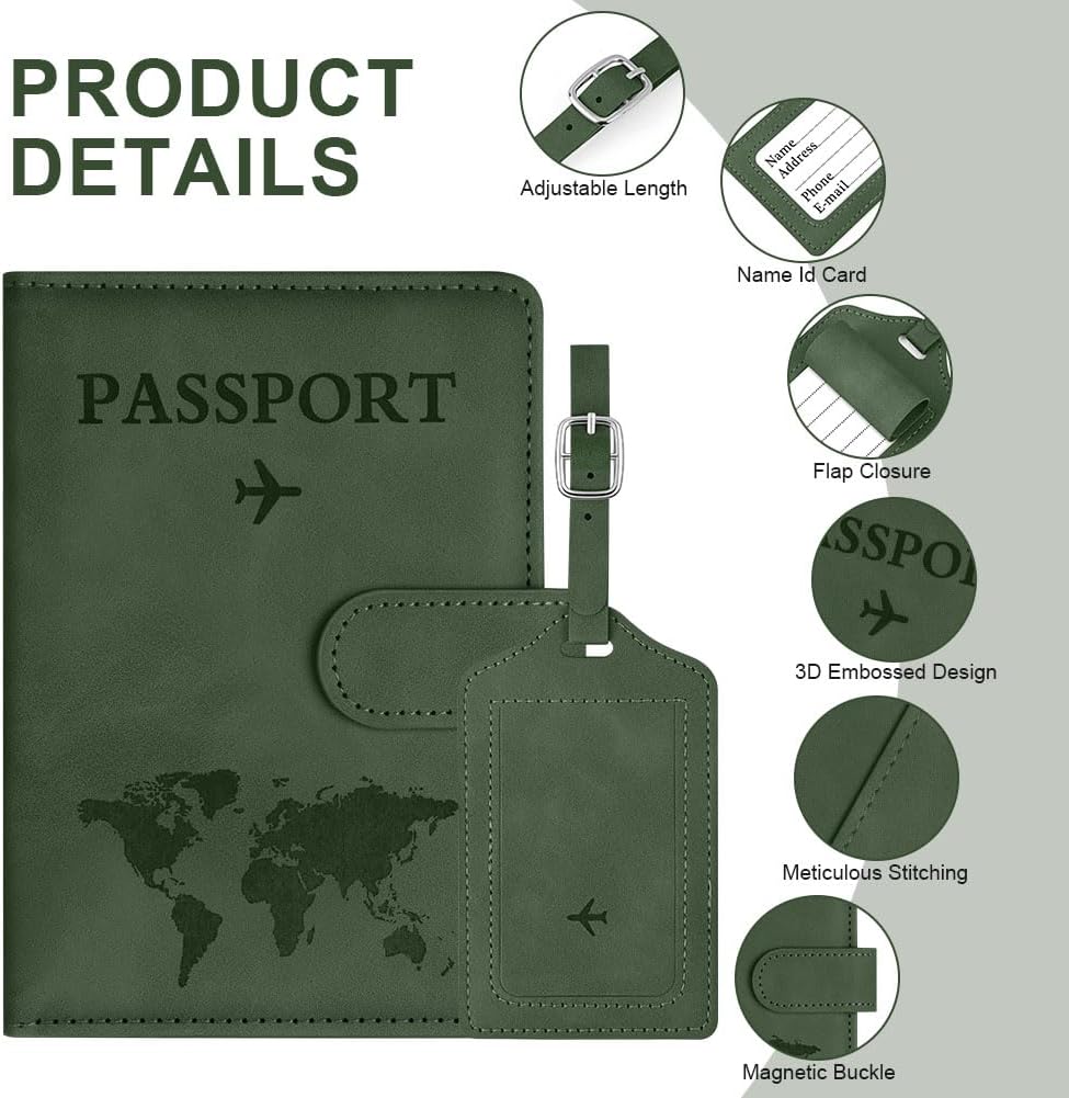 Thumbnail 2 de OFFCUP Passport Holder Cover with RFID Blocking and Luggage Tag Set (Green)