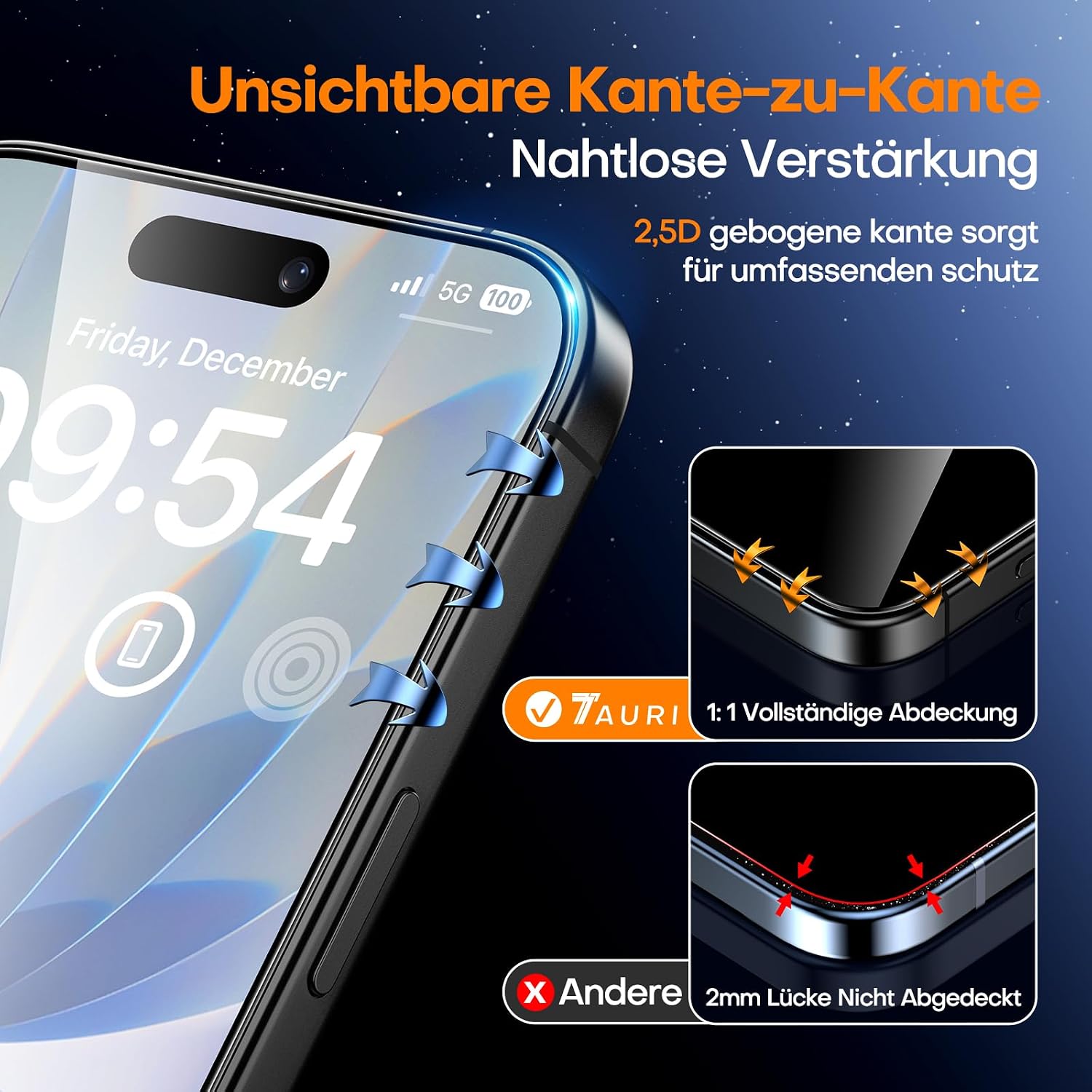 Detalle de TAURI 2 Stück Panzerglas für iPhone 17, 6,3 Zoll – 9H Vollbildschutz mit staubfreier 1‑Schritt-Installation
