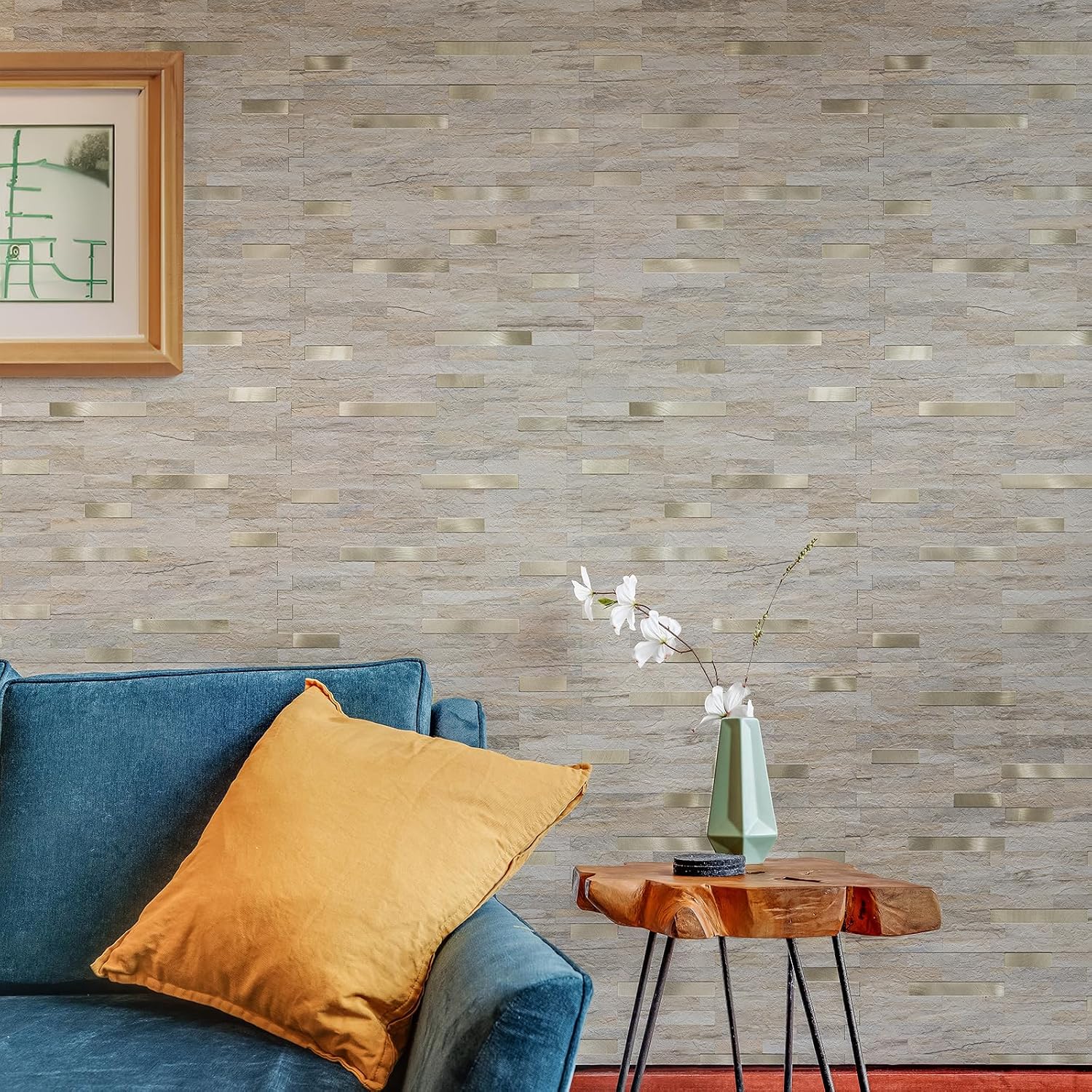 Detalle de StyloVue Peel-and-Stick Backsplash Tiles, Beige Gold-Look, 20 Sheets