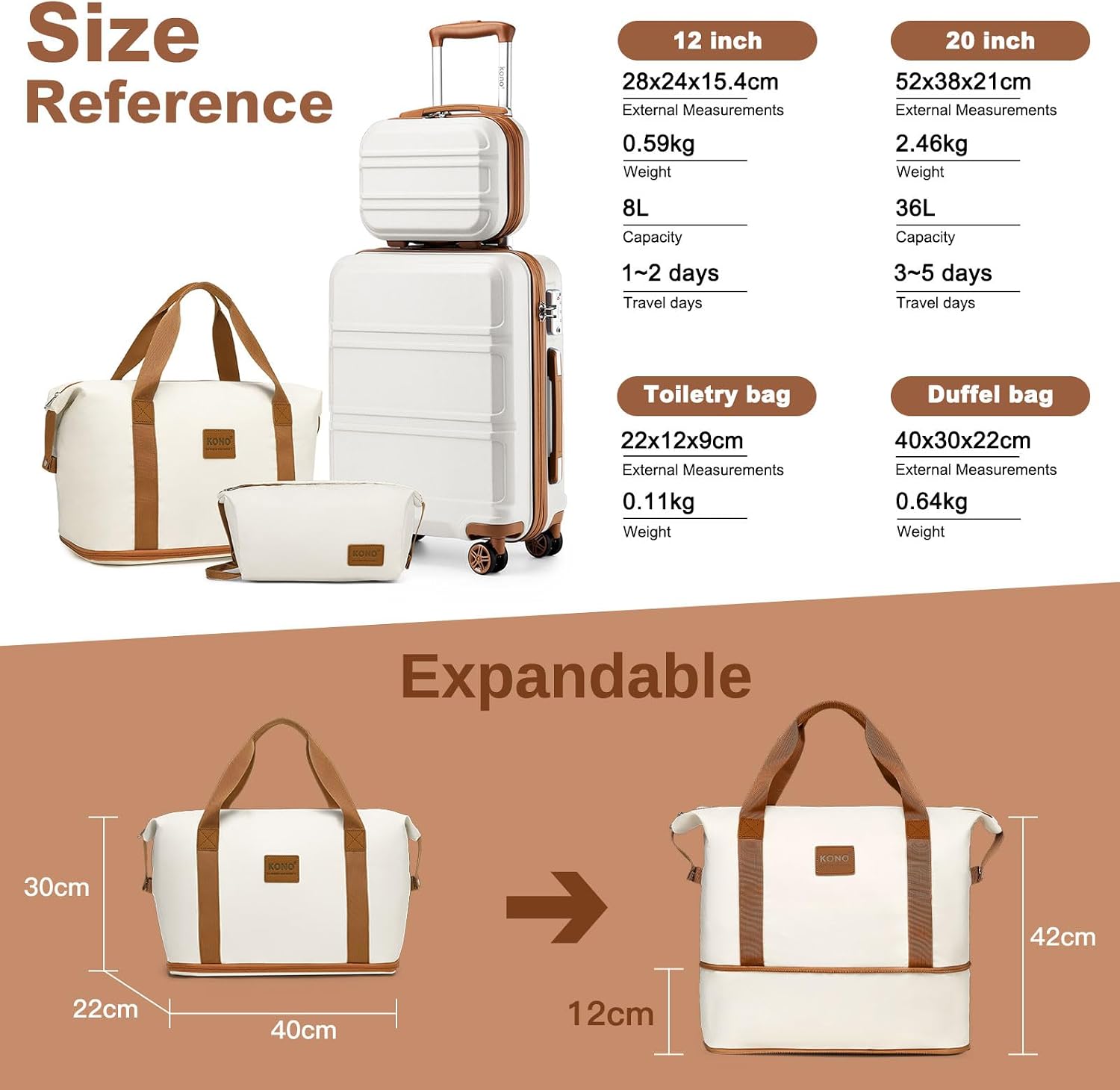 Detalle de Kono Suitcase Lightweight ABS+PC 4-Piece Set with TSA Lock and 360° Wheels (Cream White)