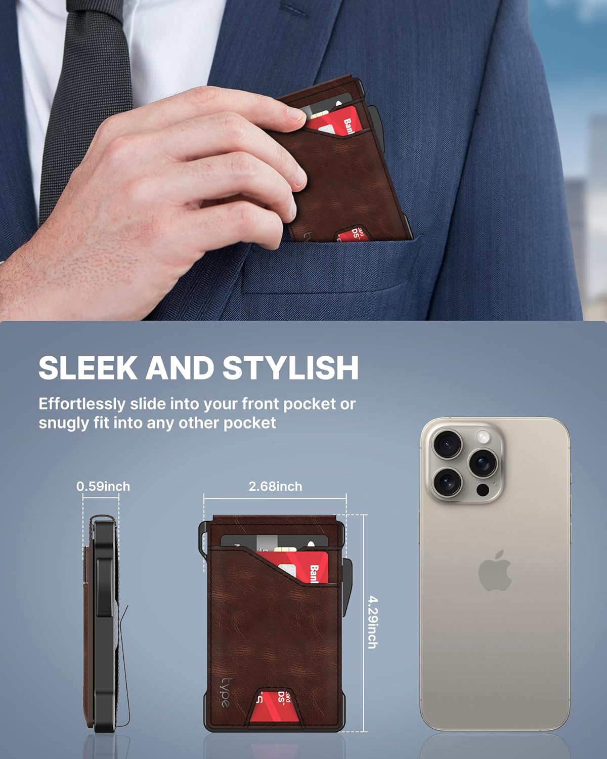 Thumbnail 3 de typecase ST007 Tactical Smart Wallet for Men, Brown Leather with Pop-Up Card Holder