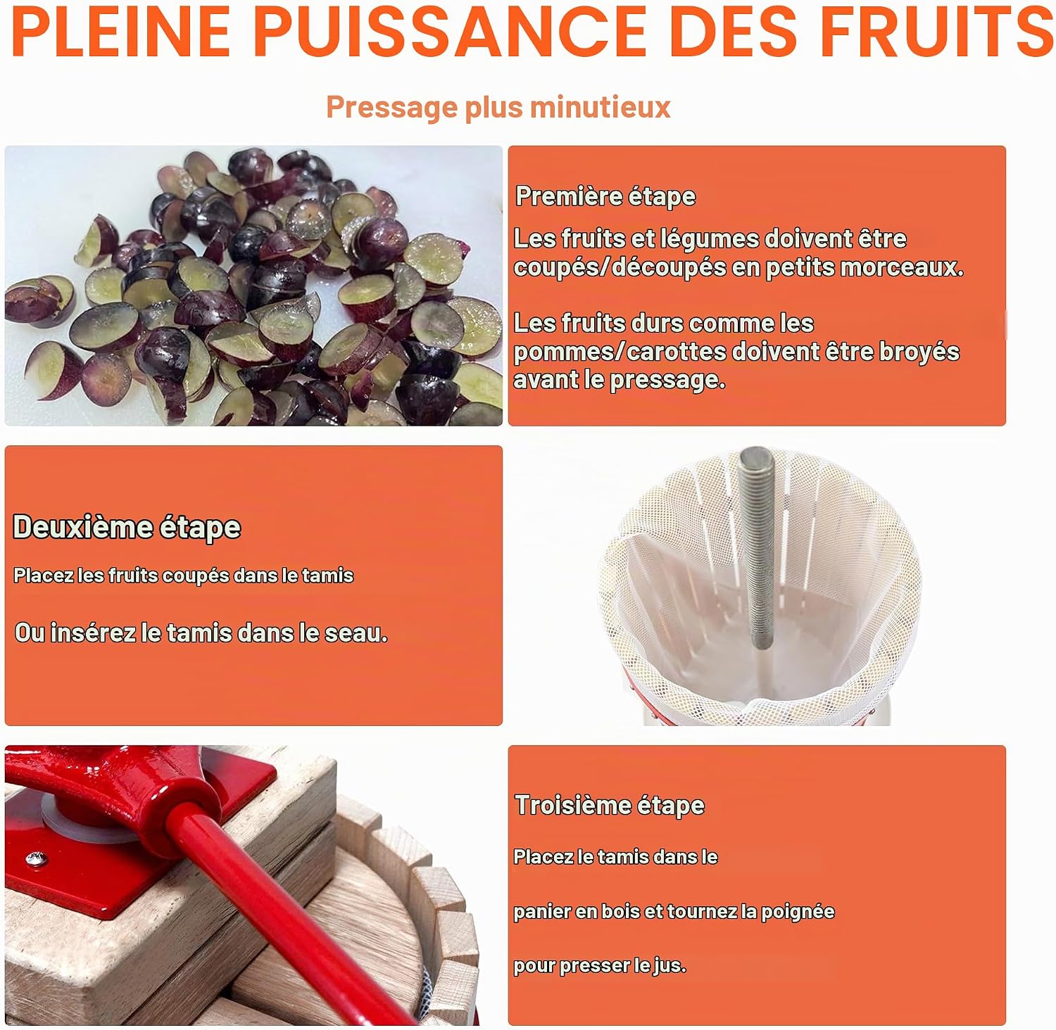 Detalle de Aufun JOD-(HAG8243A-P) fruitpers 6 liter met persdoek, handmatige schroefpers