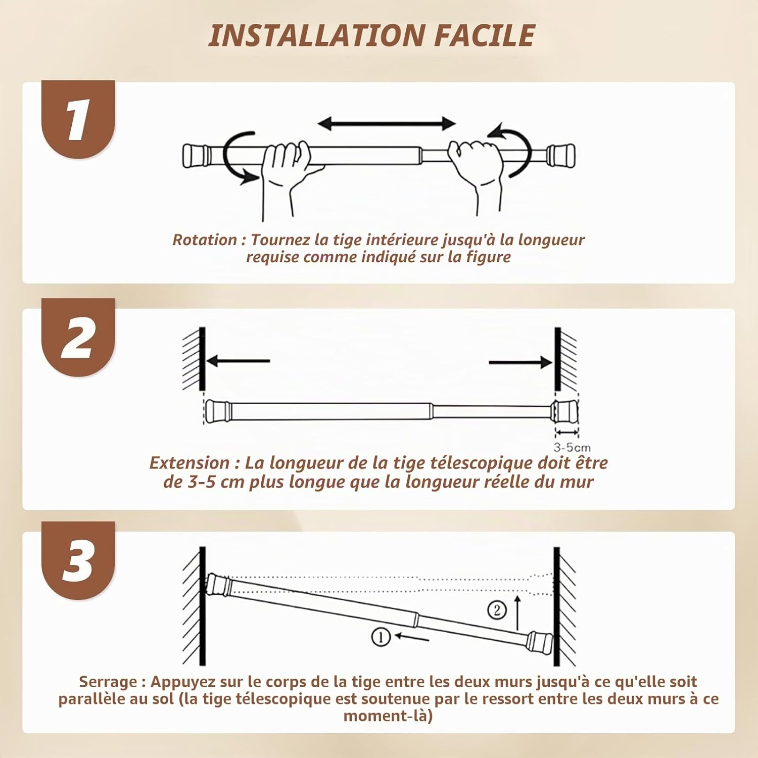 Detalle de Flintronic Tringle à Rideau télescopique 4 pièces, barre sans perçage 40–70 cm, Ø 13 mm