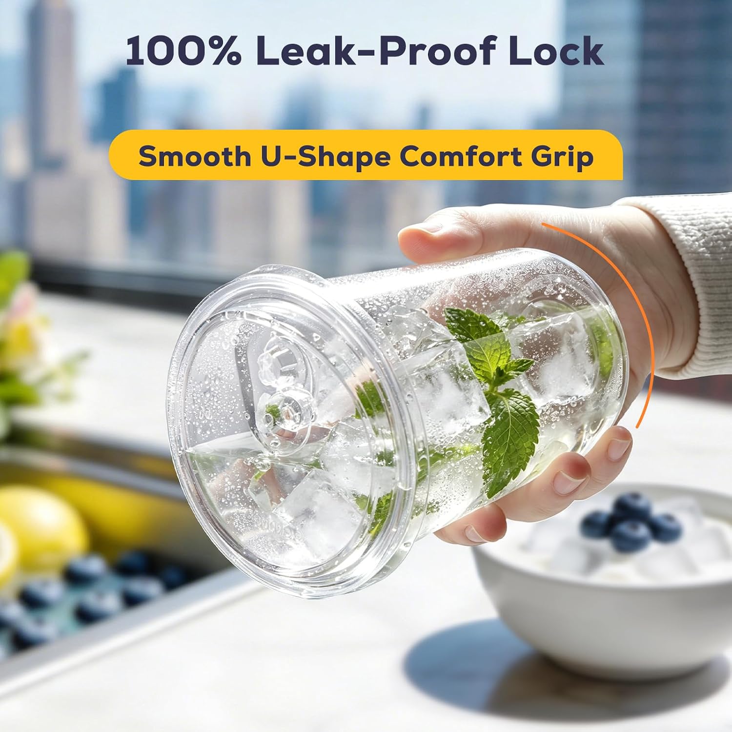 Thumbnail 2 de Fit Meal Prep 100 Pack 16 oz Round Bottom Clear Plastic Cups with Strawless Sip Lids