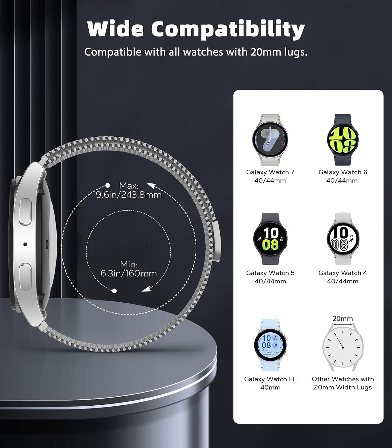 Thumbnail 1 de Astorgos Milanese Loop magnetic metal strap for Samsung Galaxy Watch 7/6/5/4 (20mm) – Milanese mesh band