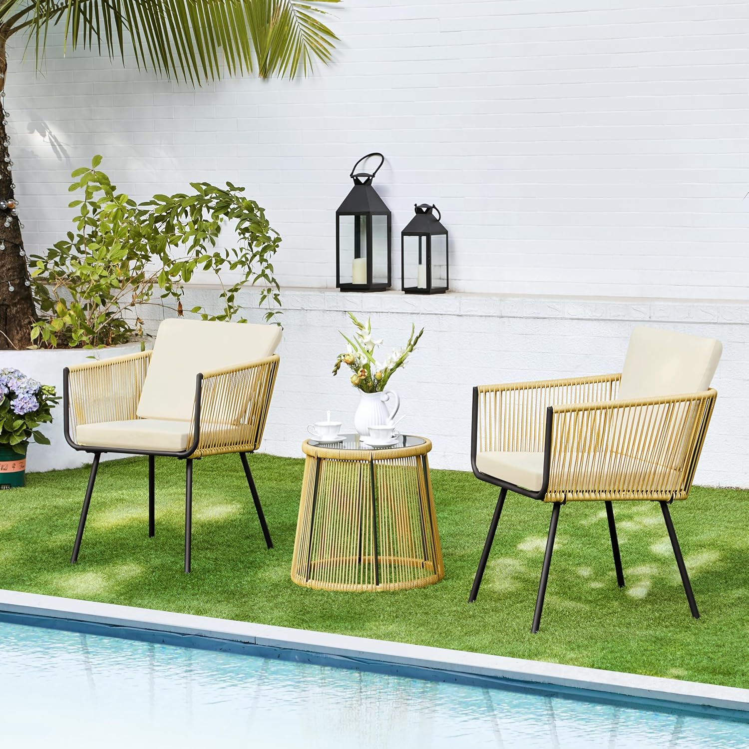 Detalle de Yaheetech 3TLG. Rattan Balkonset – 2-Sitzer Outdoor-Gartenmöbel mit Glas-Tisch