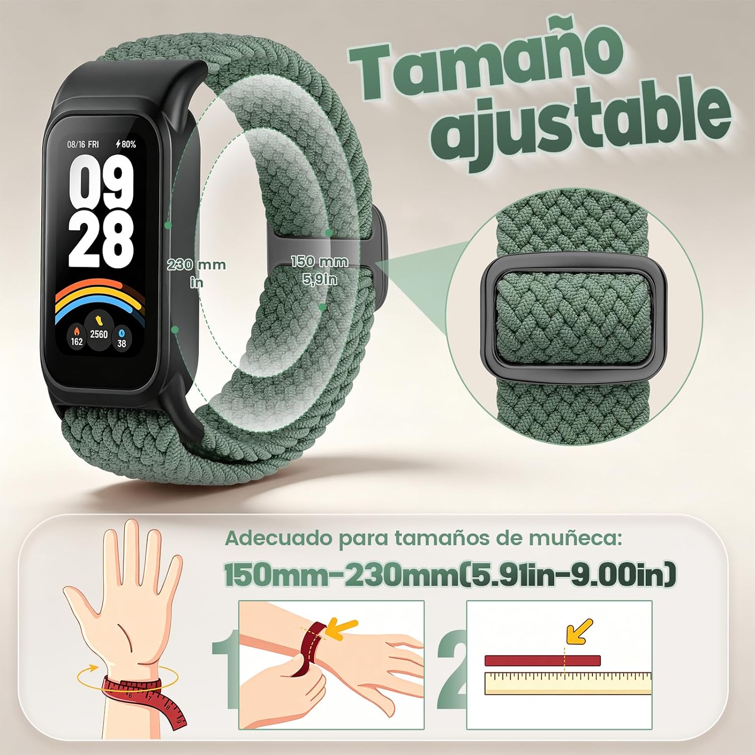 Detalle de Janpso Correas trenzadas para Xiaomi Smart Band 9 Active/Redmi Smart Band 3 – Elástico y ajustable