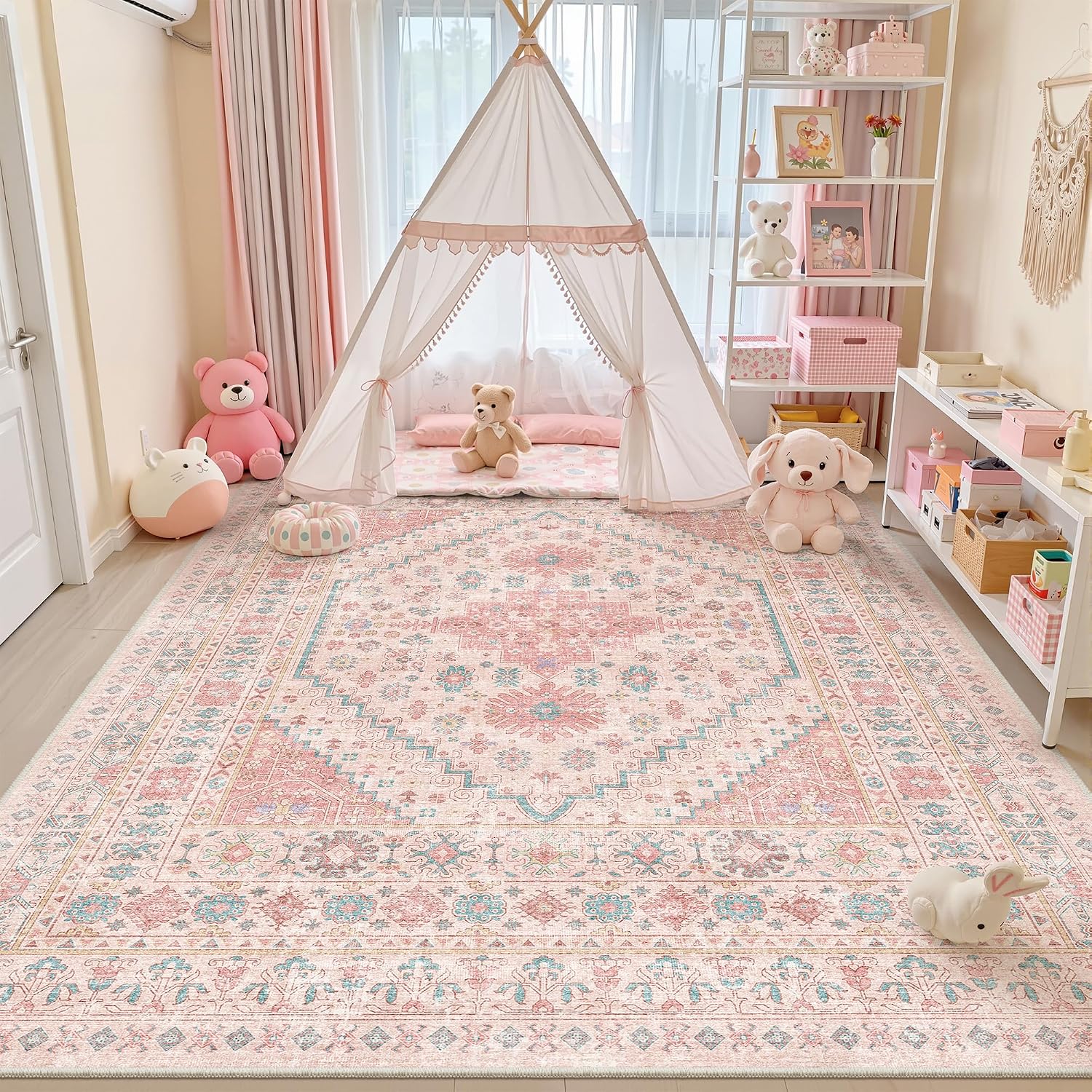 Detalle 2 de zesthome 10' x 12' Pink Area Rug, Washable Low-Pile Geometric Design
