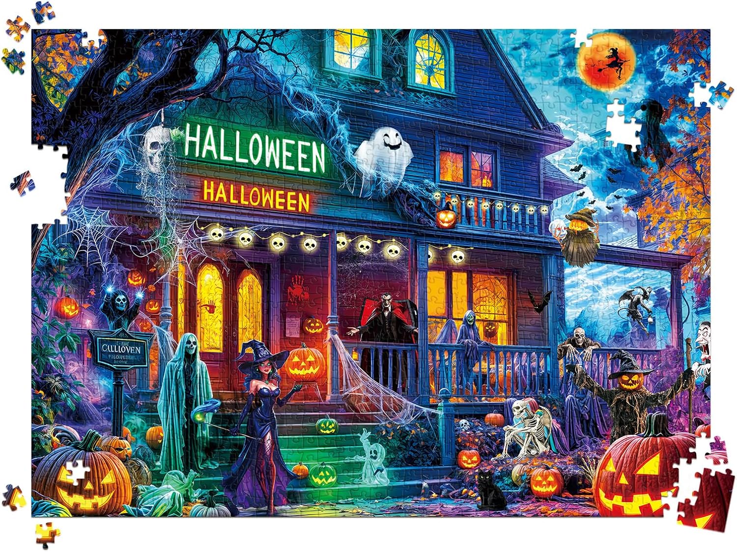 Detalle de HUADADA Halloweenpussel med 1 000 bitar och motiv av ett gammalt hus
