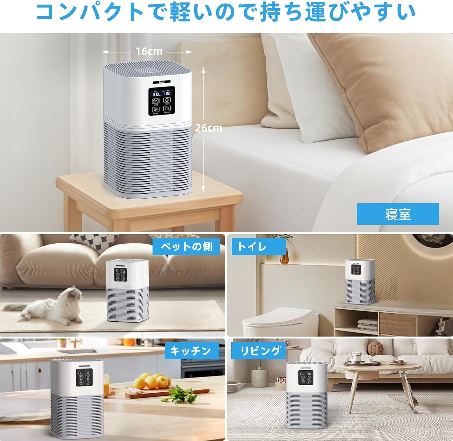Detalle 2 de VEWIOR HQSC-50 小型空気清浄機 HEPAフィルター・360°吸引・4段階風量