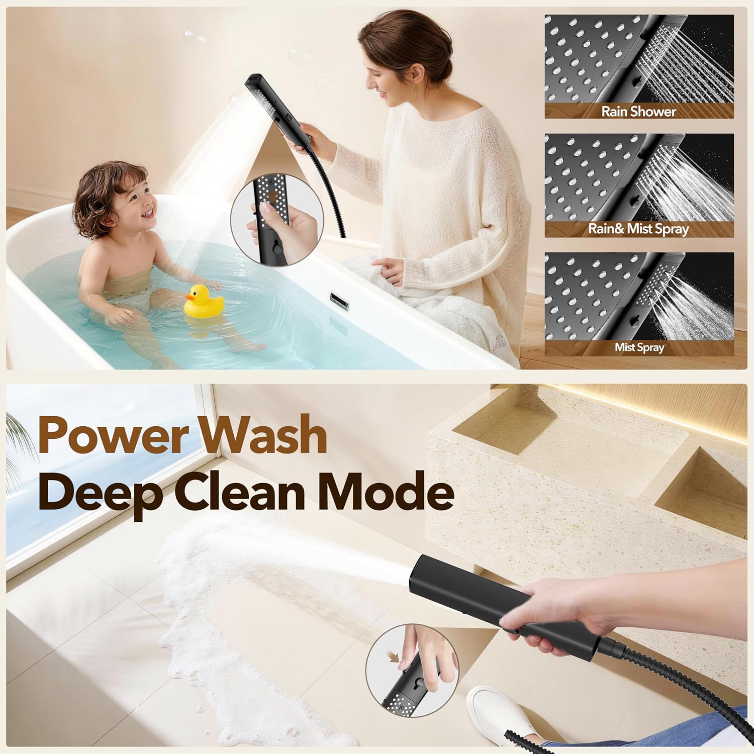 Detalle de JDO Z16002-MB Dual Shower Head Combo, 10-Inch Rainfall, 7 Modes, Matte Black