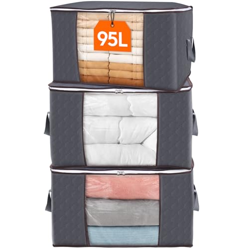 Detalle de Lifewit 95L Clothes Storage Bags 3 Pack with Lids – Large, Clear Window, Reinforced Handles