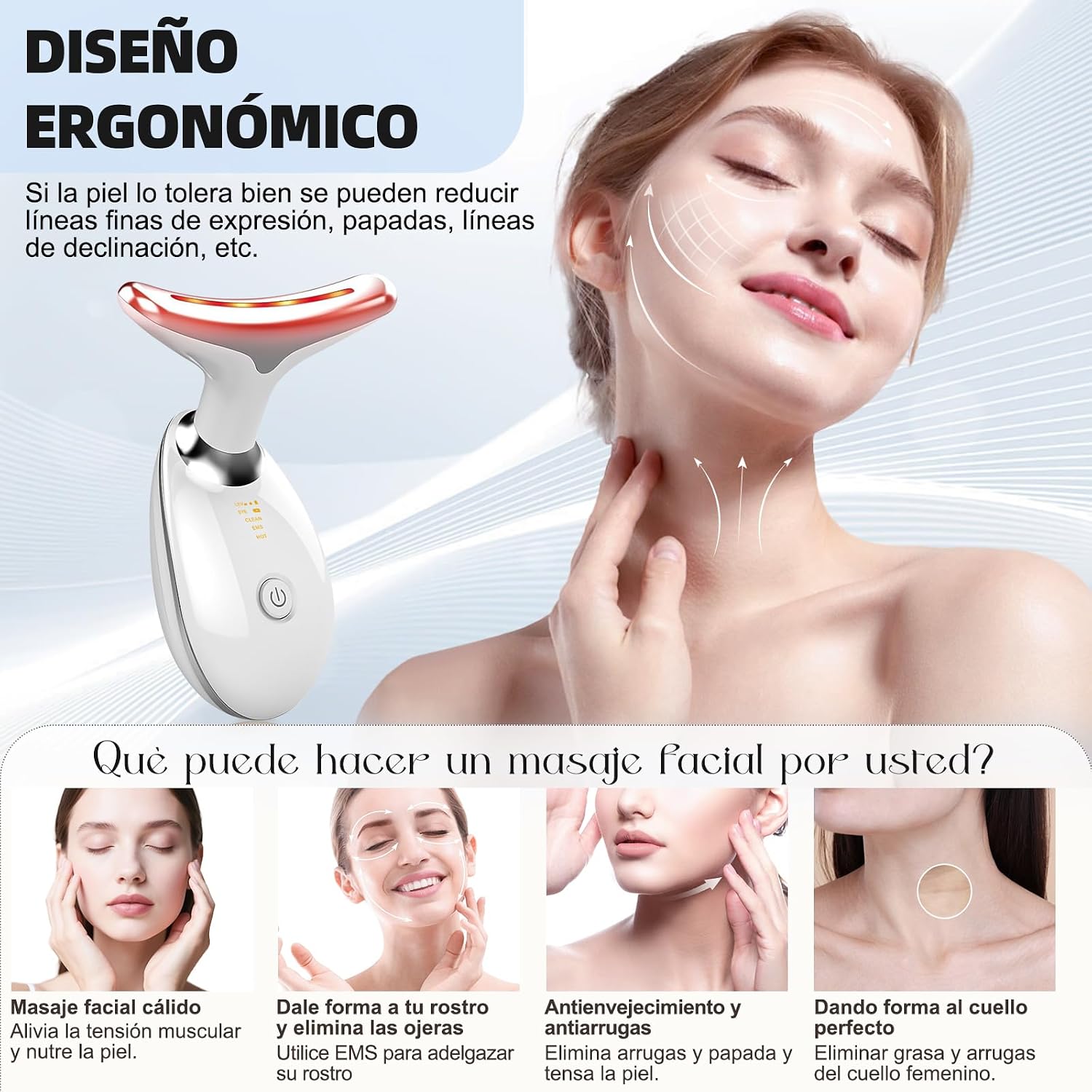 Detalle de Massaggiatore Viso 7 Colori LED con Radiofrequenza, 3 Modalità: Pulizia, EMS e Termoterapia (45°C) – Lifting e Tonificazione