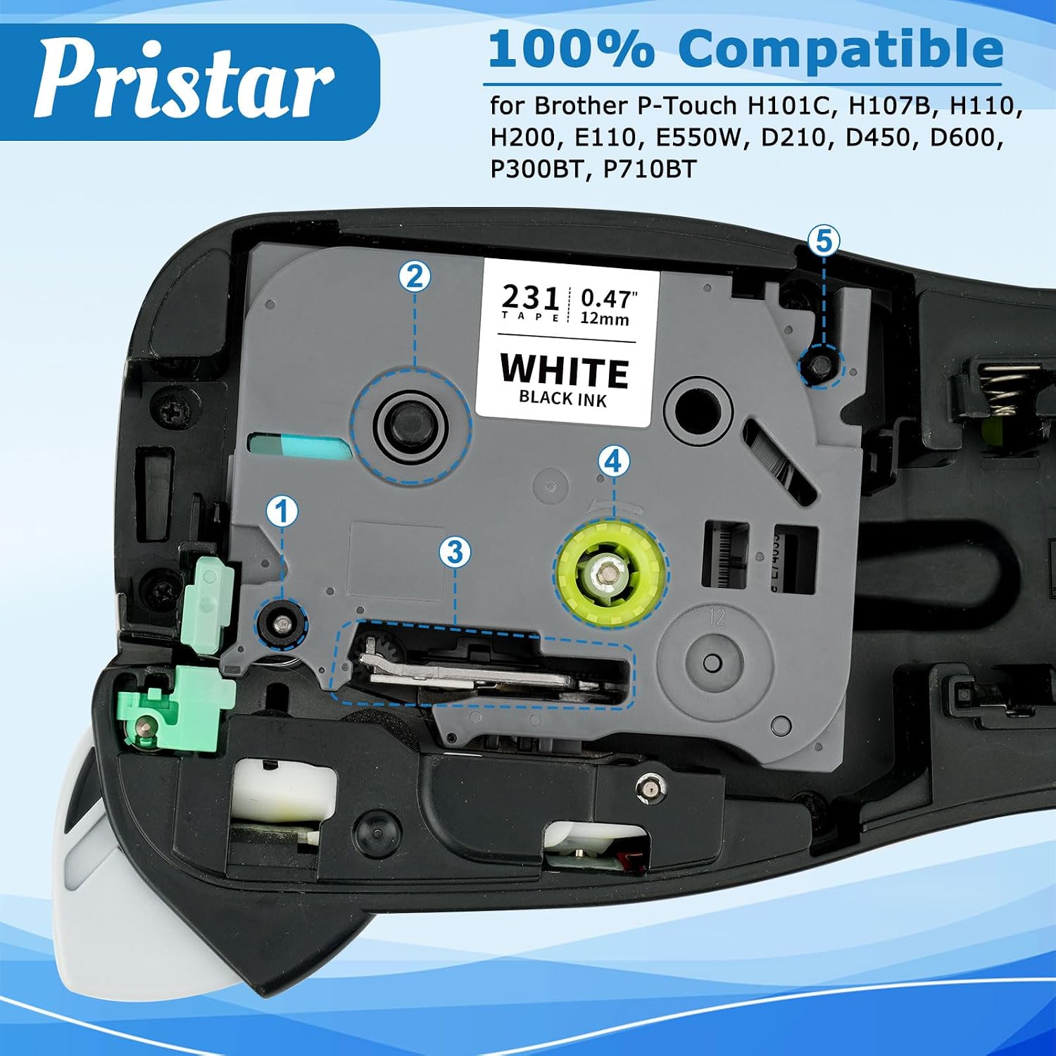 Thumbnail 1 de Pristar 6x kompatibles Tze 12mm Schriftband – Langlebig, kompatibel mit Brother P-Touch Modellen