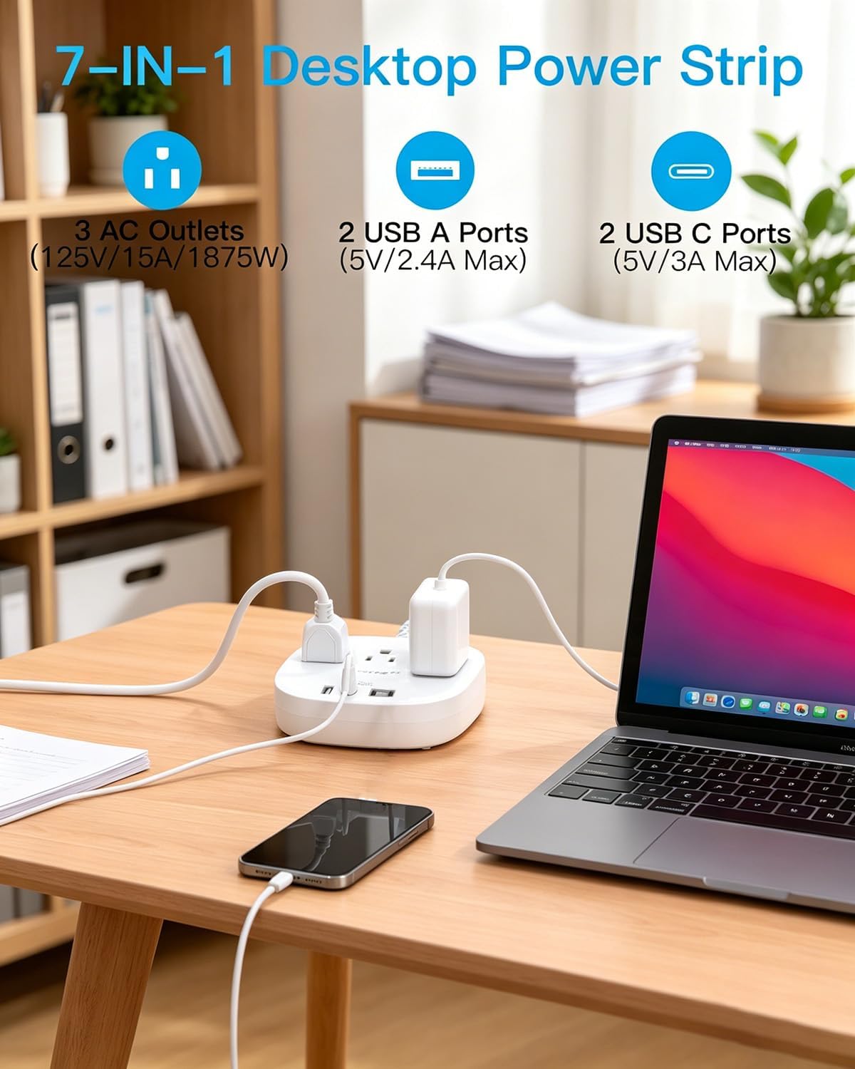 Thumbnail 2 de One Beat 10 Ft Surge Protector Power Strip, 3 Outlets and 4 USB Ports