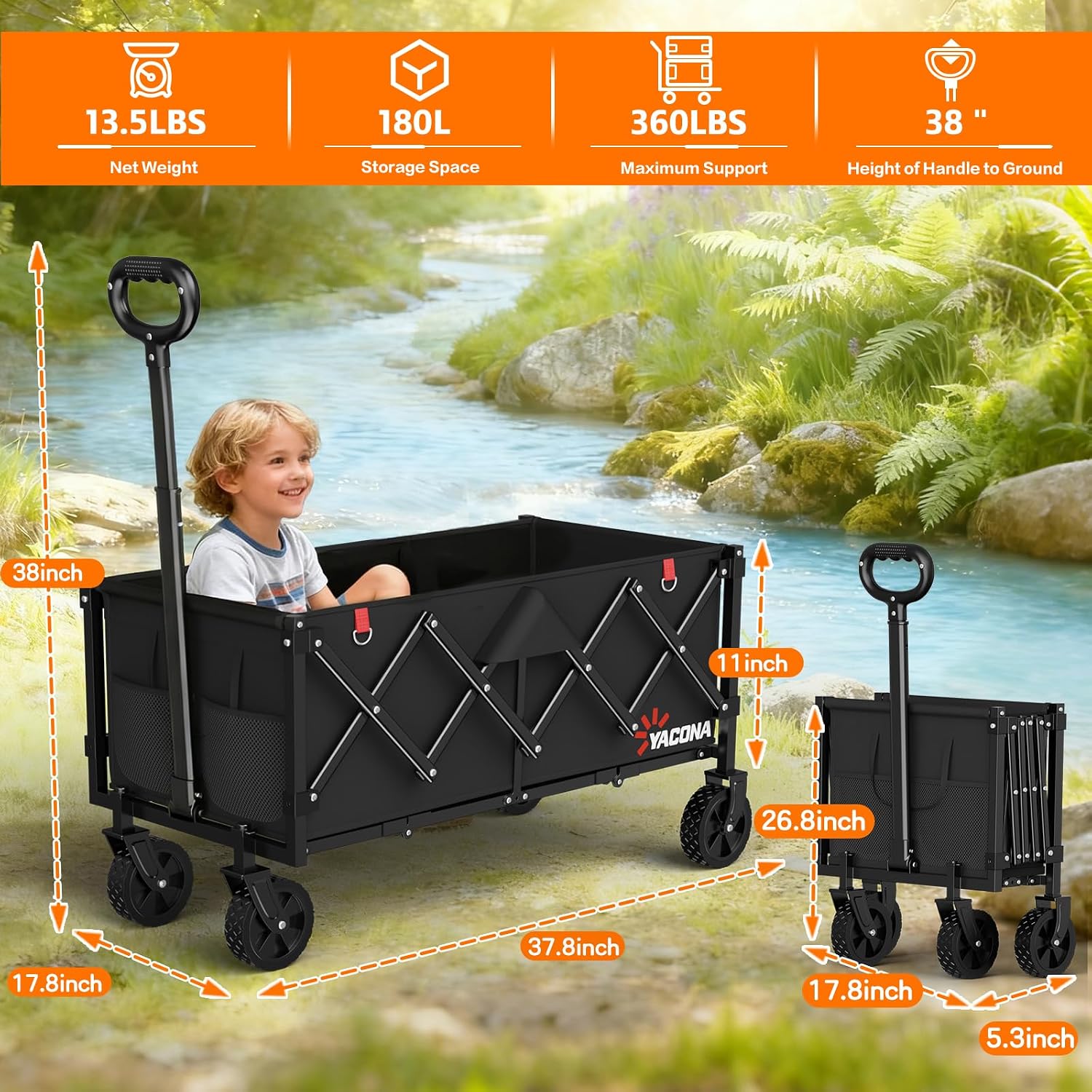 Detalle 2 de Yozoia TYC Folding Wagon Cart, 180L Capacity, 360 lb Load, Swivel Wheels