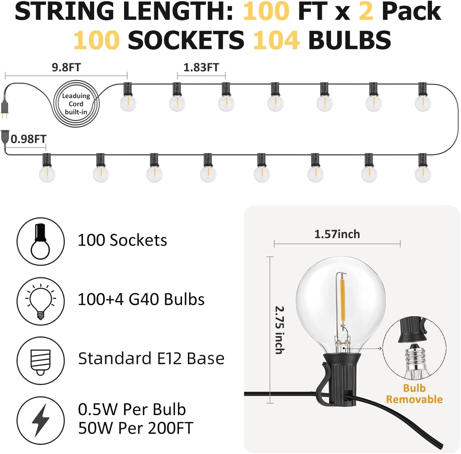 Thumbnail 1 de Achin 200FT Outdoor String Lights G40 Globe Patio Lights with 104 Shatterproof LEDs, IP44 Waterproof, Dimmable, 2-Pack (200FT Total)