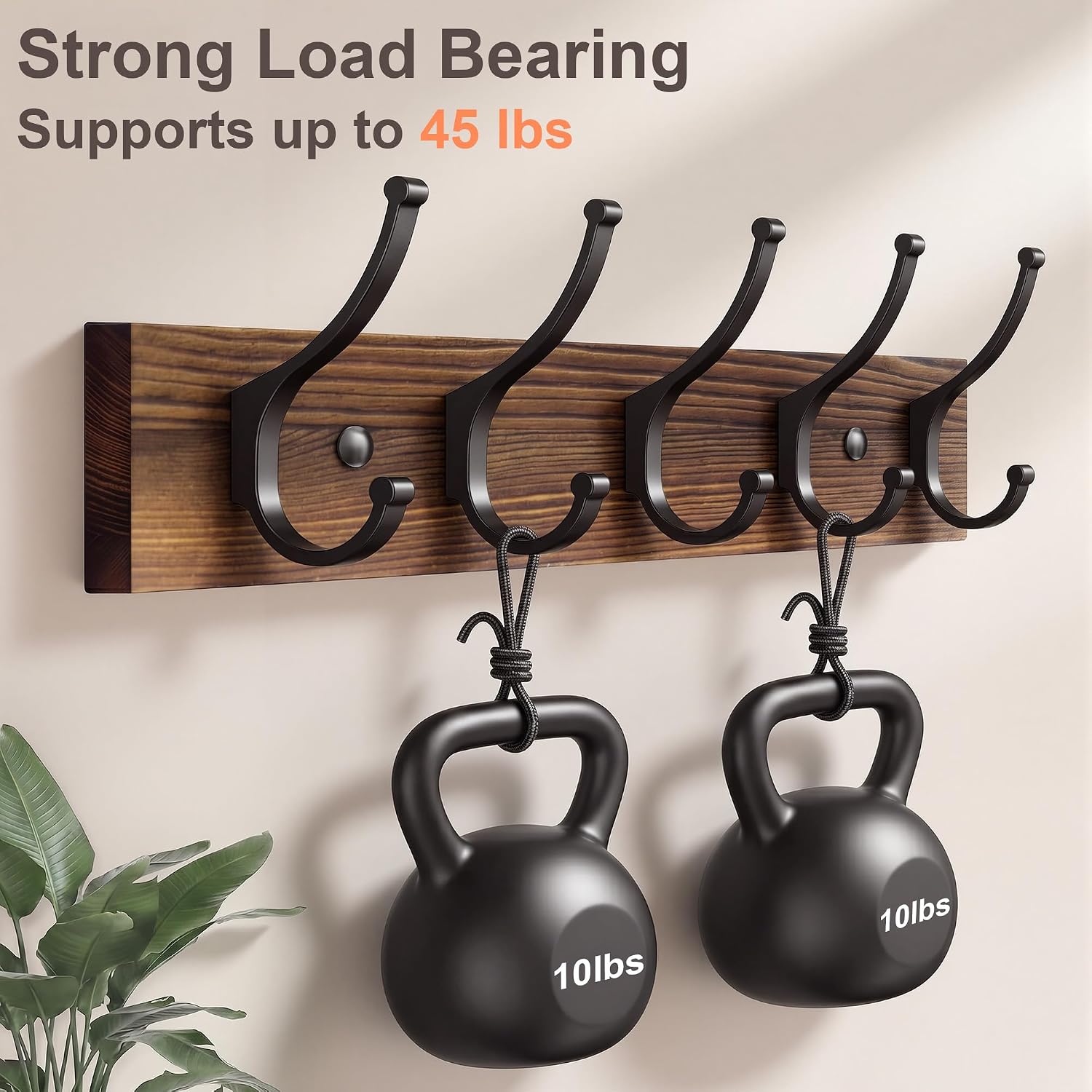 Detalle de Optish coat hooks3 Wooden Wall Coat Rack, 10 Double Hooks, Rustic Brown