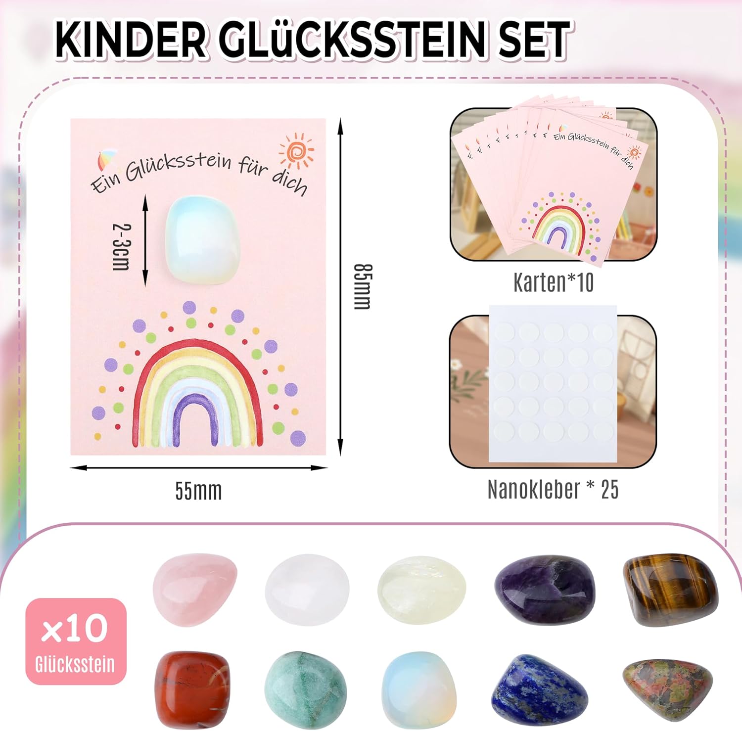 Detalle 2 de GUJOXILA Glückssteine Set – 10 Rohsteine mit Karten, Nanogel-Platte und Geschenkbox