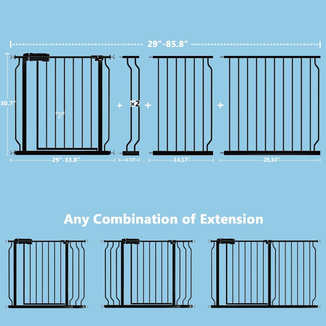 Detalle 2 de TSAYAWA Black Extra-Wide Walk-Through Baby Gate, 71.65–85.82-Inch Pressure Mount