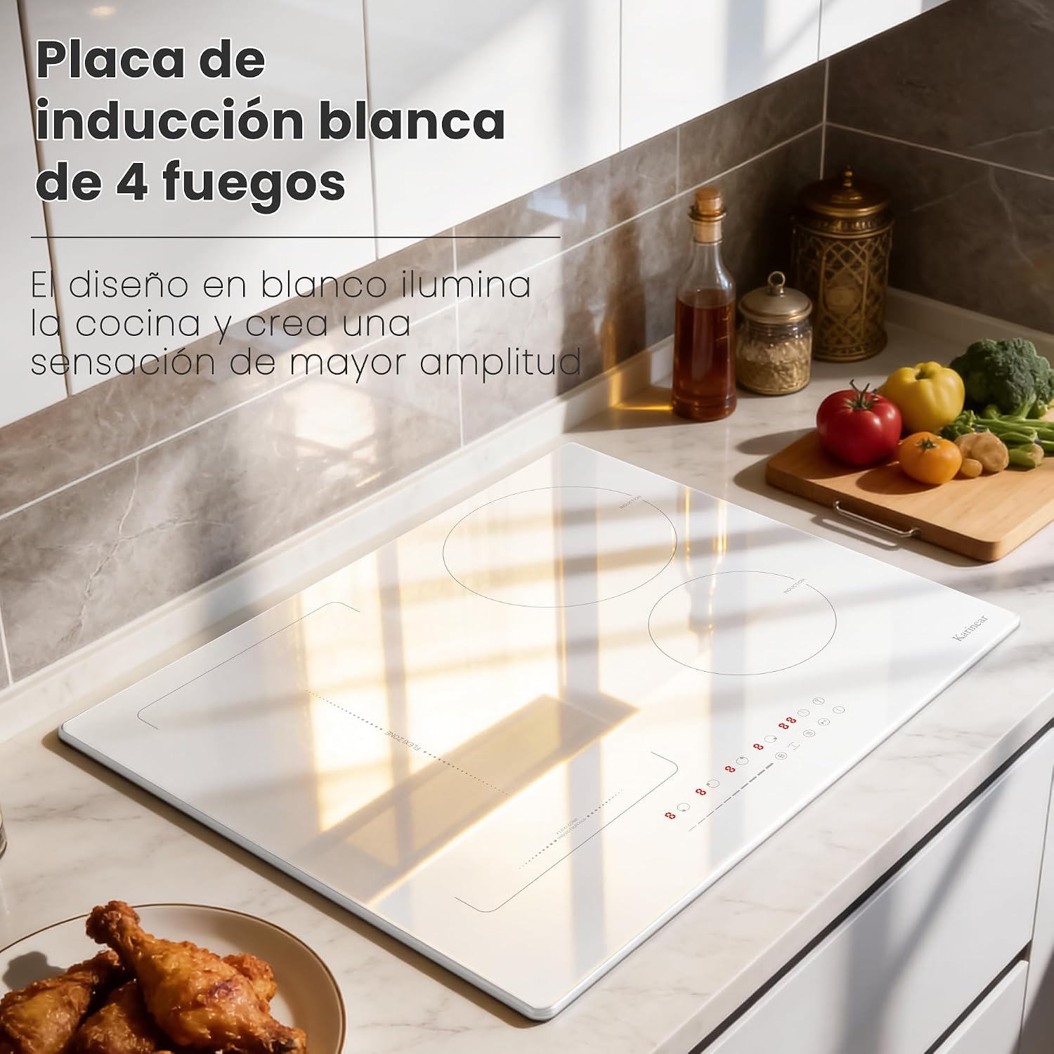 Detalle de Karinear Placa de Inducción Blanca 4 Fuegos con Zona Flexible y Enchufe