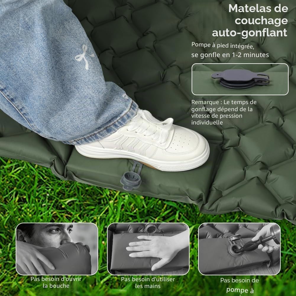 Detalle de AUYAO Matelas Camping Gonflable 190x120x5 cm avec Oreiller intégré et pompe à pied – léger, imperméable et modulable