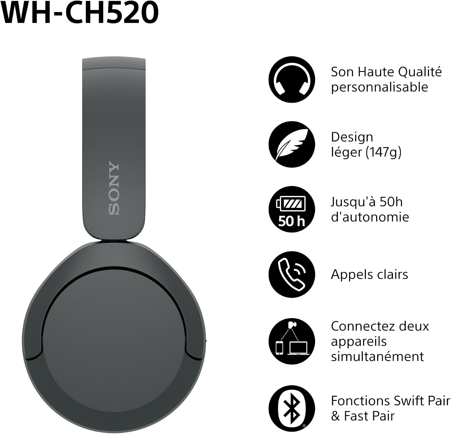 Detalle de Sony WH-CH520: Casque Bluetooth sans Fil, autonomie jusqu’à 50 h et audio personnalisé