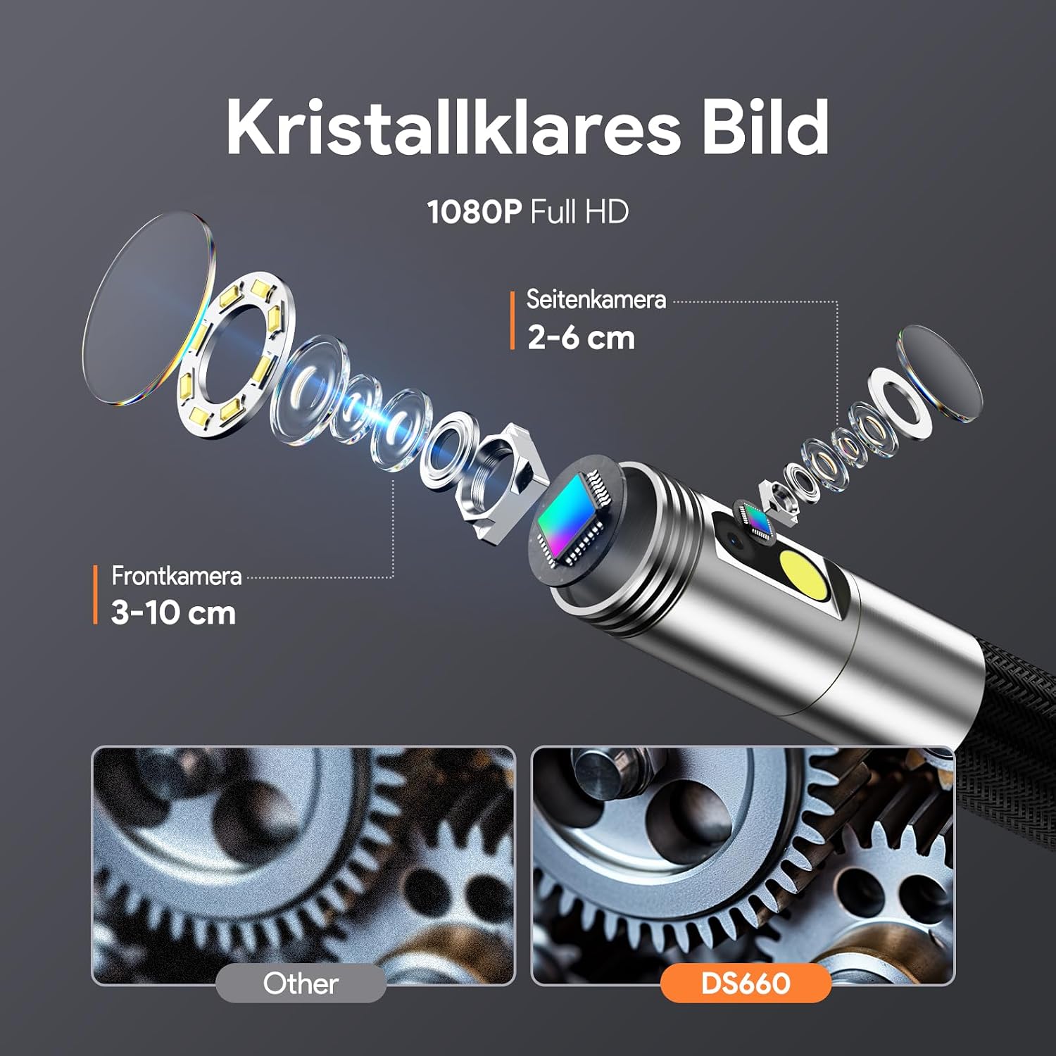 Detalle de DEPSTECH DS660 Dual-Linsen Endoskopkamera mit Licht, 1080P und drehbarem Kopf – 5 Zoll IPS Bildschirm