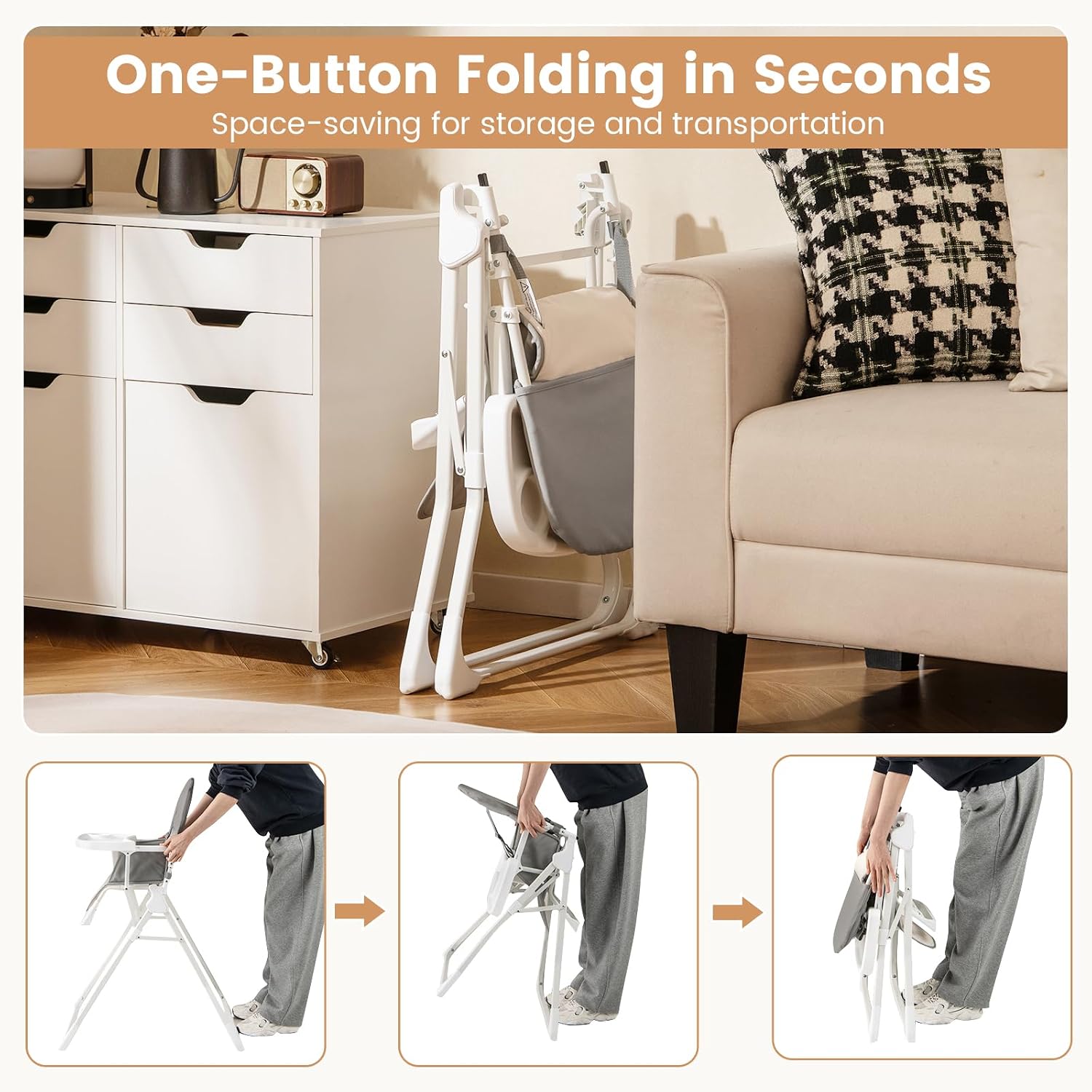 Thumbnail 6 de HONEY JOY HJ-2883-US Foldable High Chair with Adjustable Tray and PU Cushion