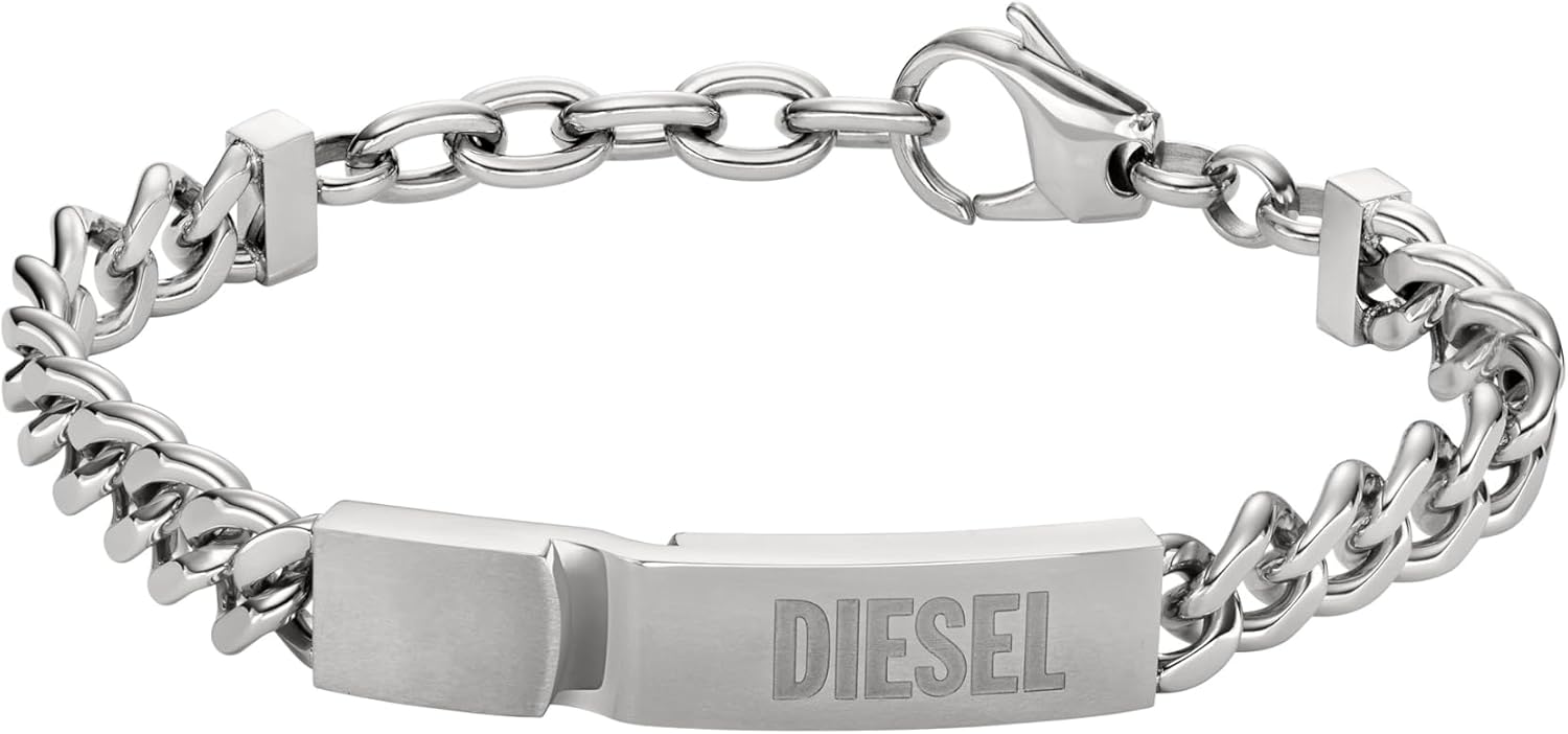 Detalle de Diesel Herren Edelstahlarmband Silberfarben mit Karabinerverschluss – 18 cm + 1,5 cm Verlängerung