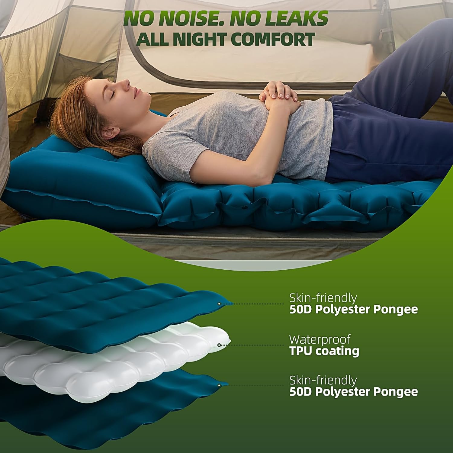 Detalle de Sleeping Pad Camping Mat Double 9.5cm Thick, 204x130cm with Built-in Foot Pump