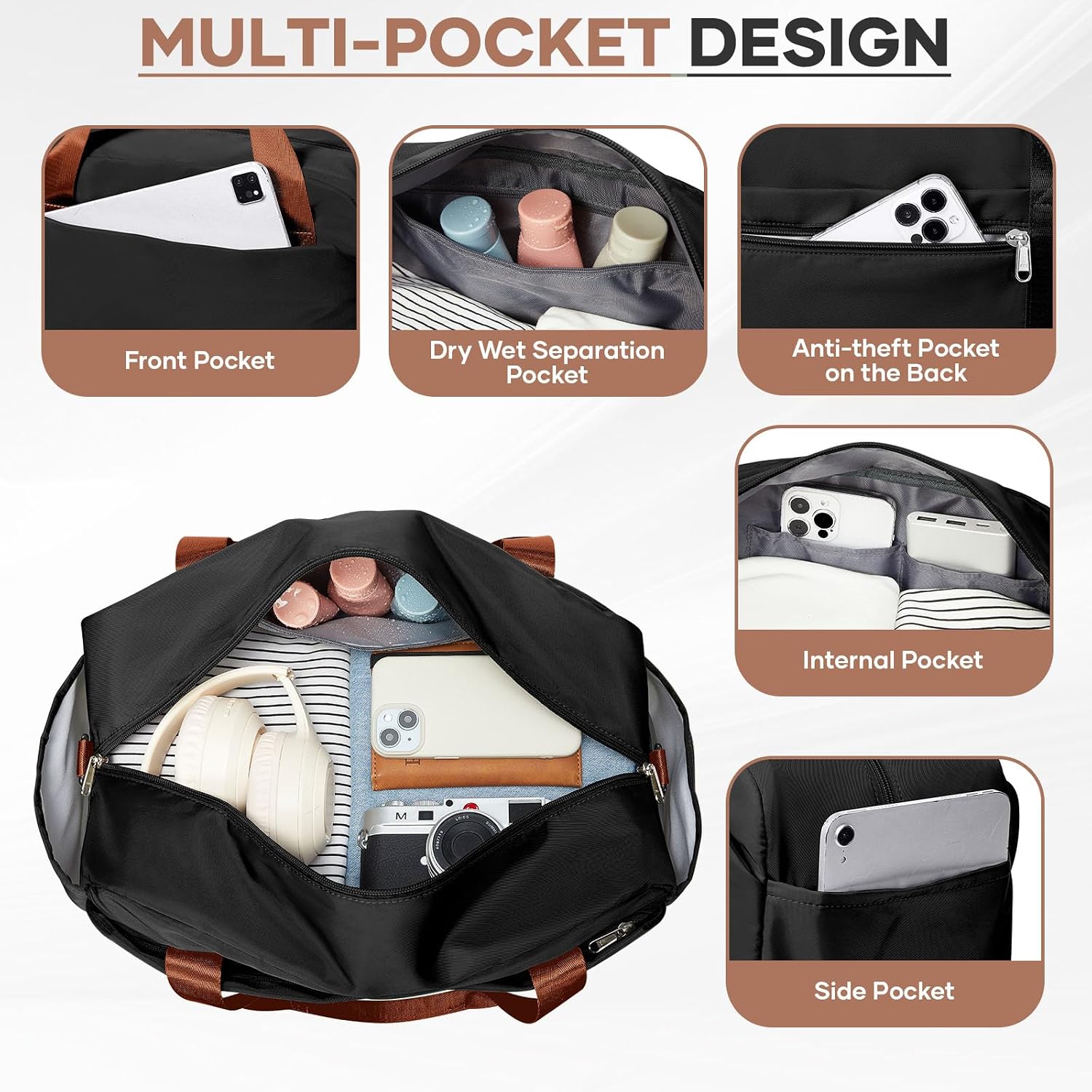 Thumbnail 5 de HPLQQ Ryanair underseat cabin bag 40x30x20L weekend holdall with wet pocket, shoe compartment (F3 Black Brown)