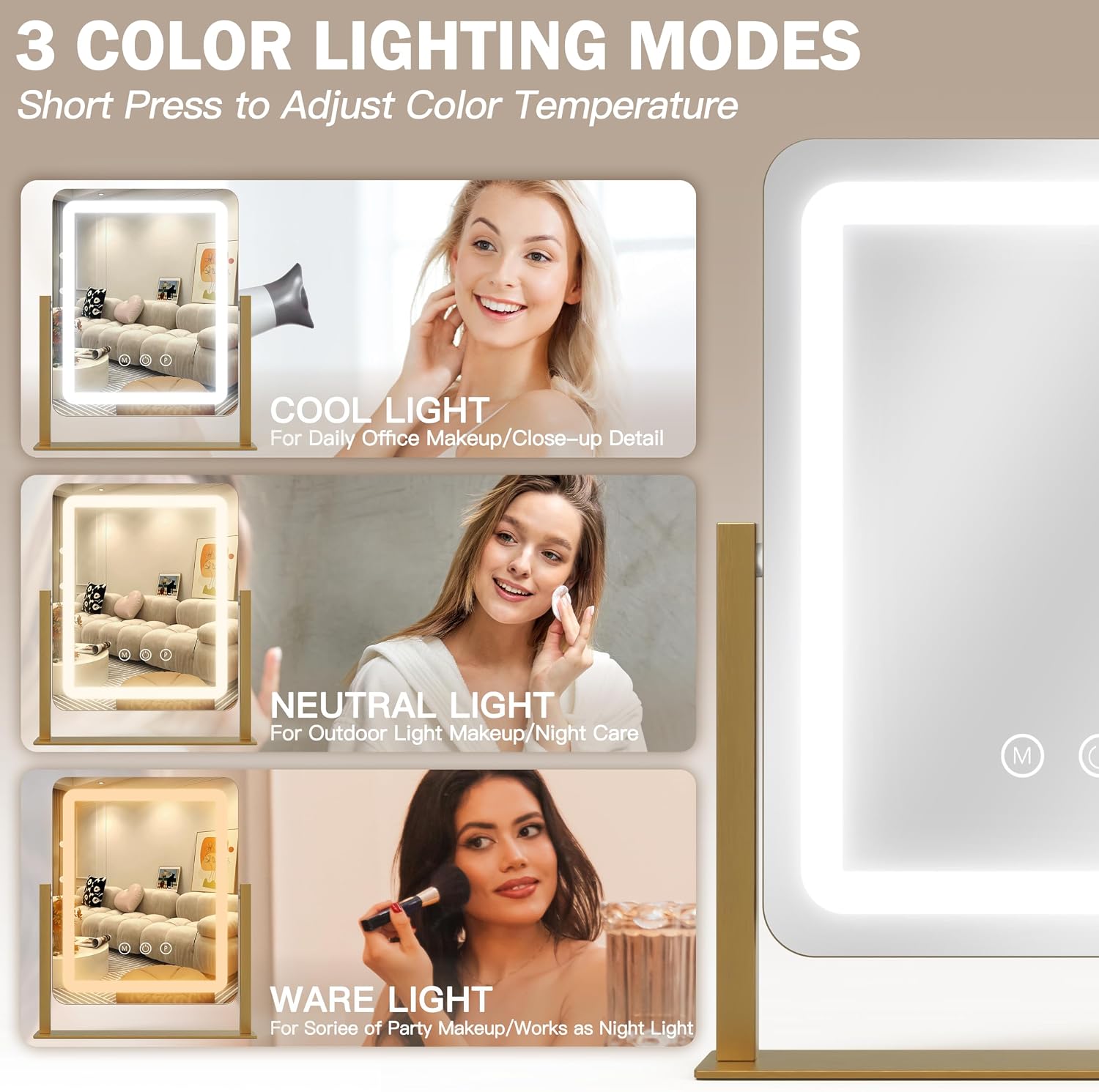 Detalle de ROLOVE Lighted Vanity Mirror, 12.6 × 15 Inches