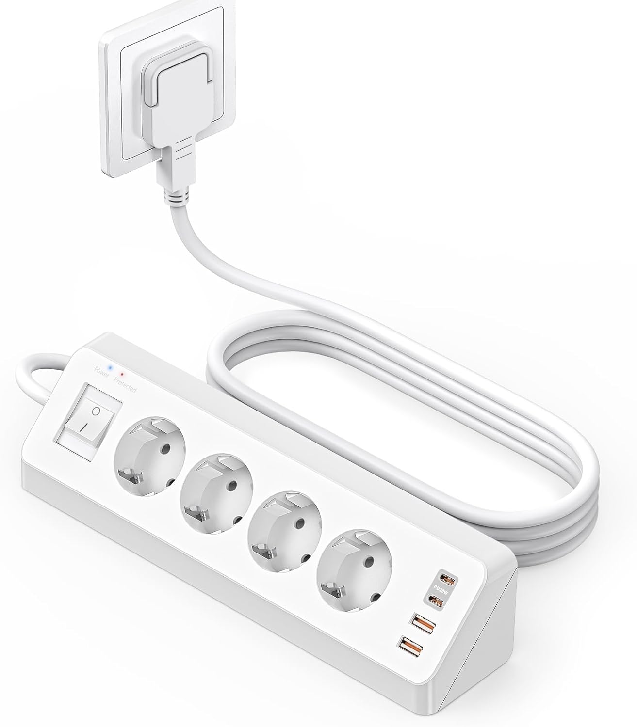 Detalle de SUDEERY 8-in-1 Steckdosenleiste: 4-fach Ecksteckdose mit USB-C PD 20W und USB-A QC 18W