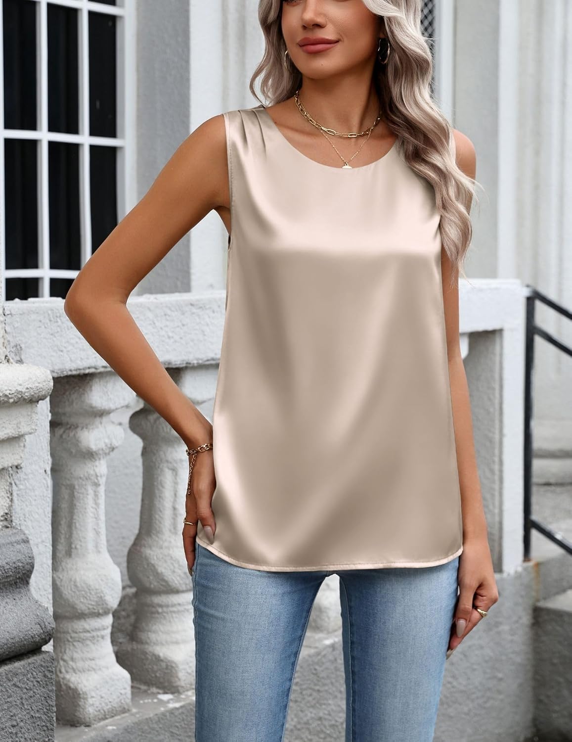 Detalle de Zeagoo Satin Tank Top for Women, Pleated Sleeveless Crewneck Blouse