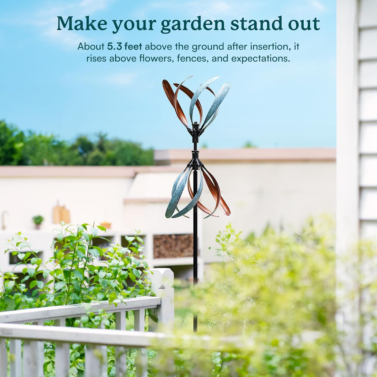 Detalle de Cyan Oasis Metal Wind Spinner, Copper and Teal, Adjustable 56 or 70.5-Inch Height
