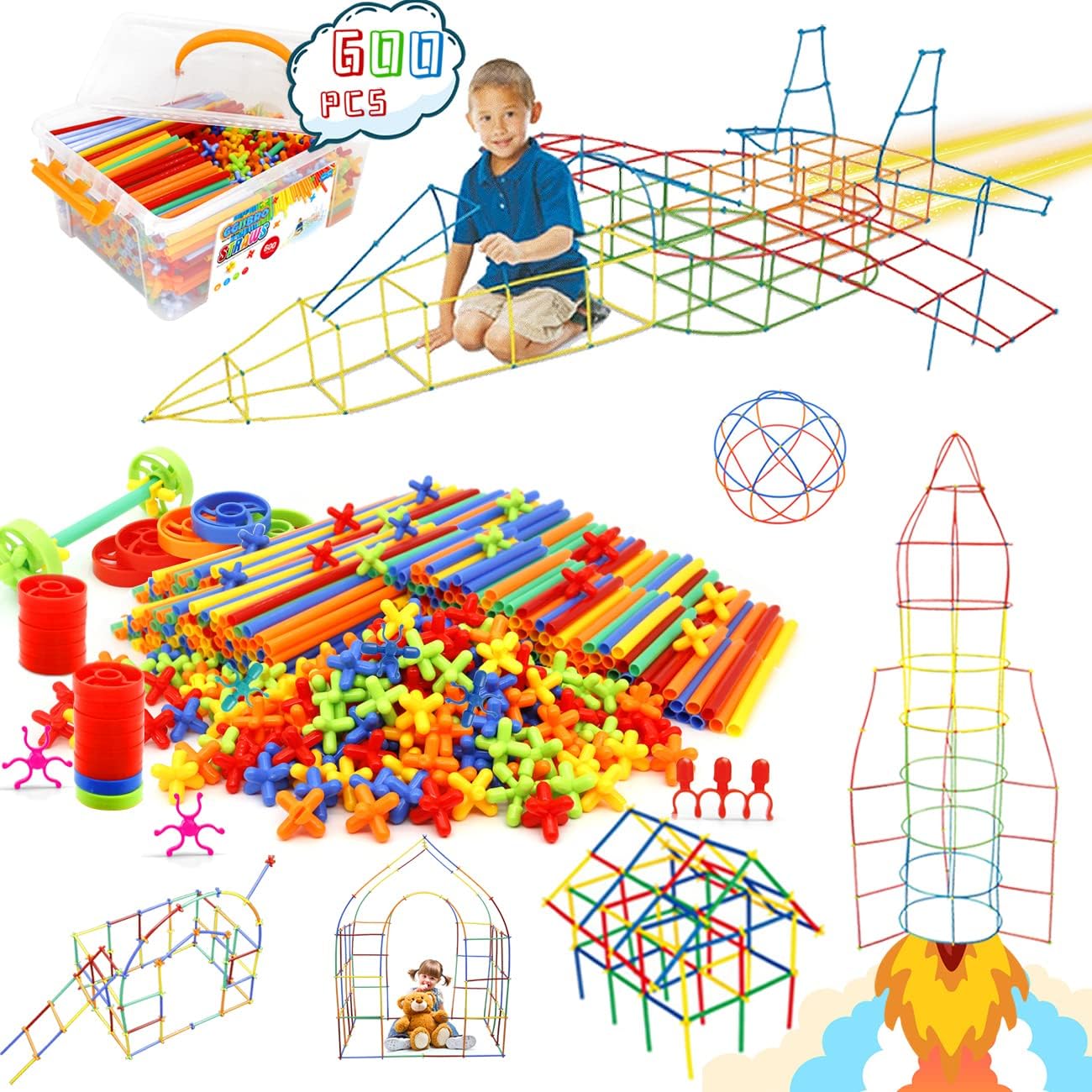 Detalle de Ggiibro Straw Constructor Toys 600Pcs STEM Building Kit with Storage Box