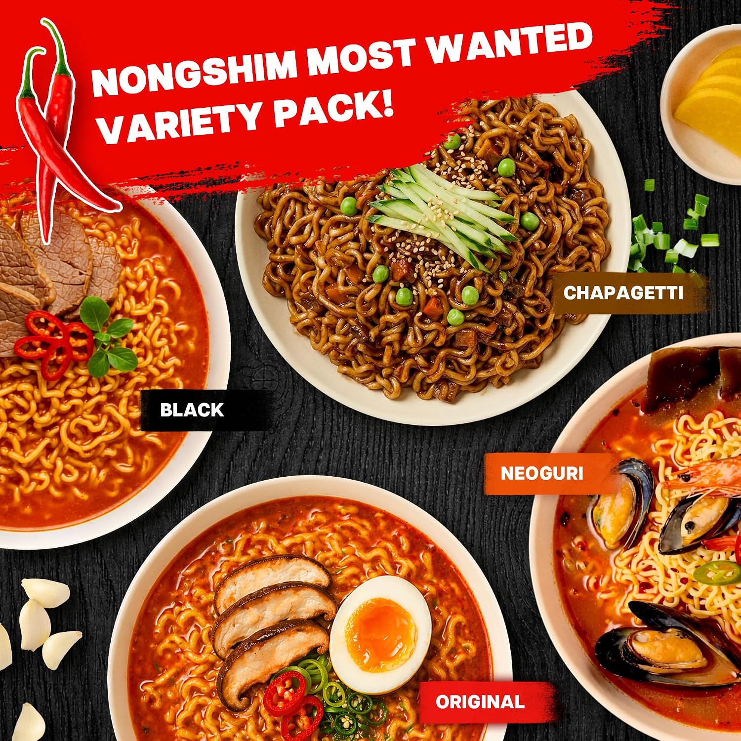 Detalle 2 de Nongshim Korean Ramen Variety Pack, 16 Pack with Shin Ramyun, Neoguri & Chapagetti