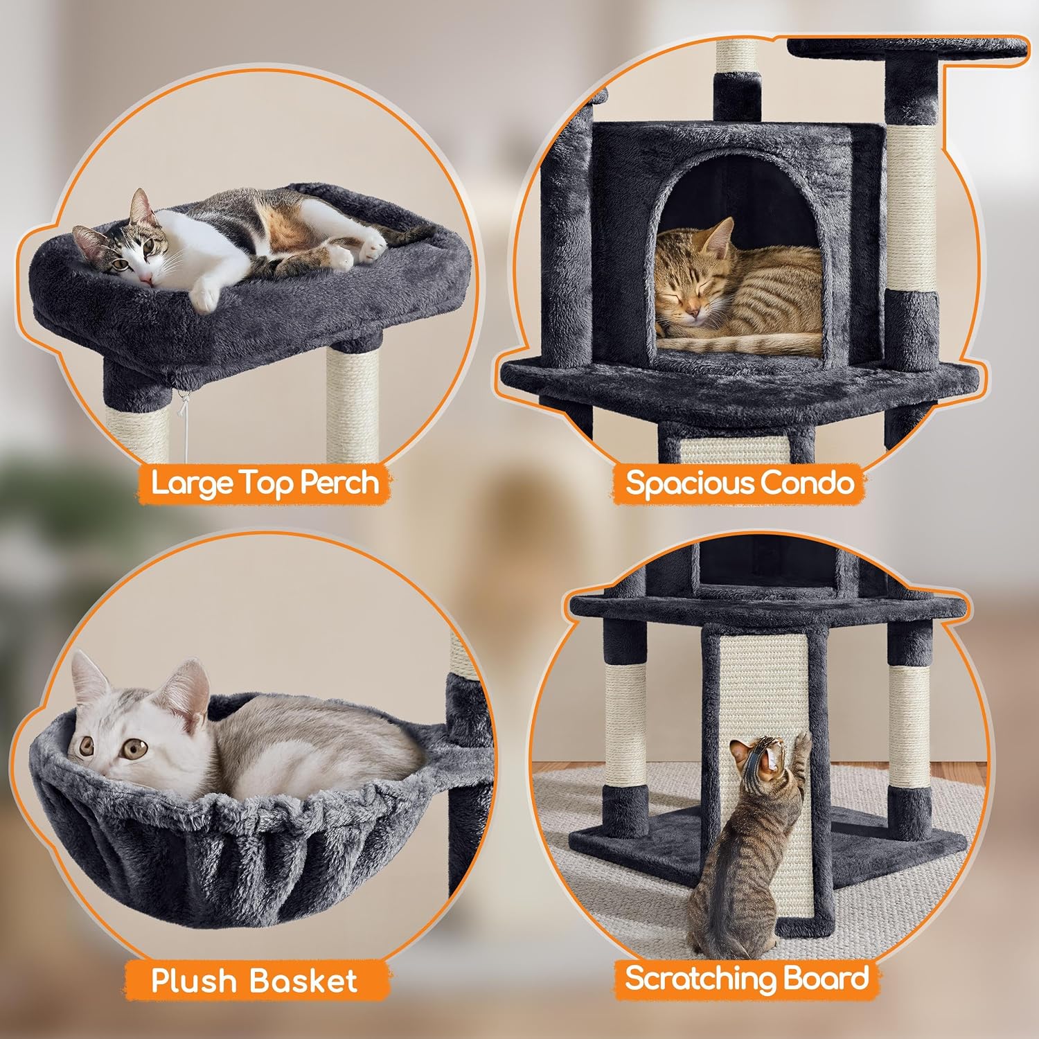 Detalle 2 de Yaheetech 107cm cat tree climbing tower with scratching posts, condo and basket (dark grey)