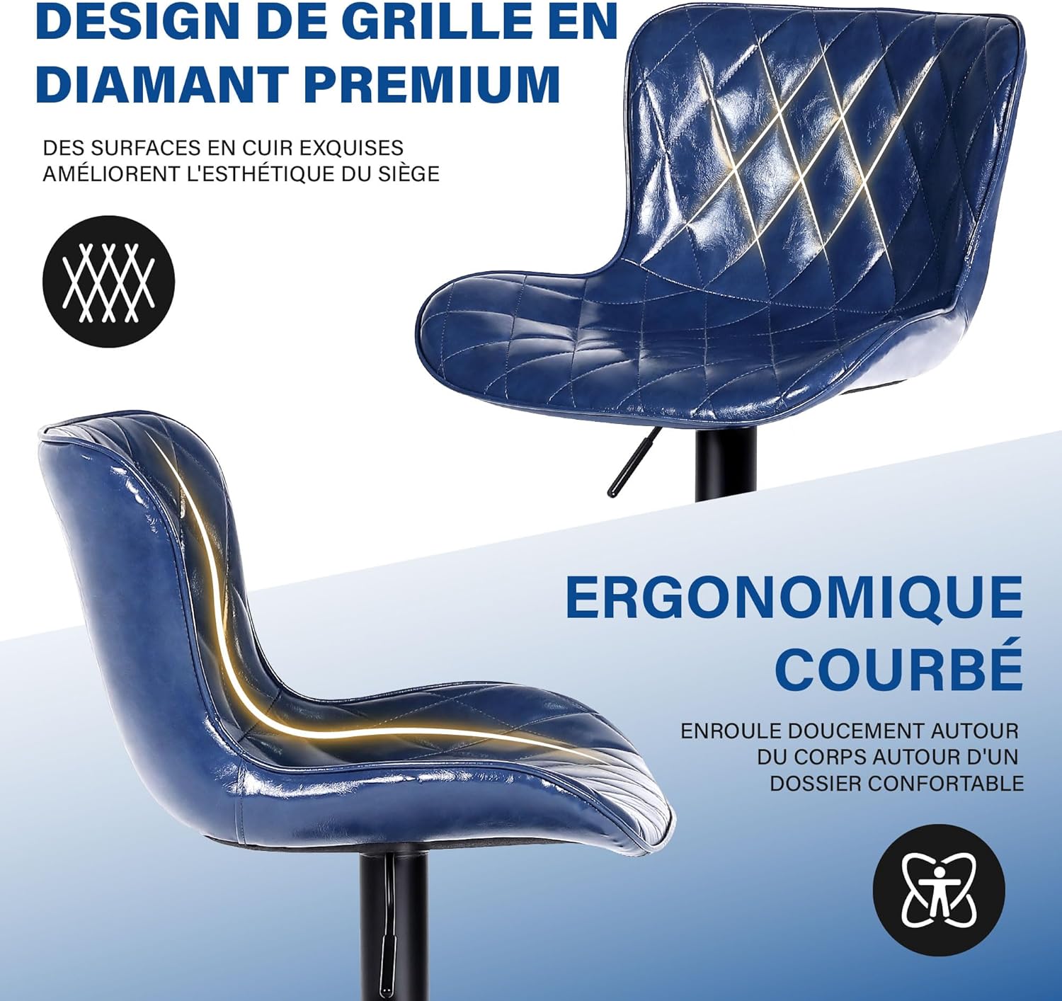 Detalle de Youhauchair Tabouret Bar Lot de 2 en Cuir Imperméable – Hauteur Réglable, Pivotants, Dossier et Repose-Pieds, Bleu