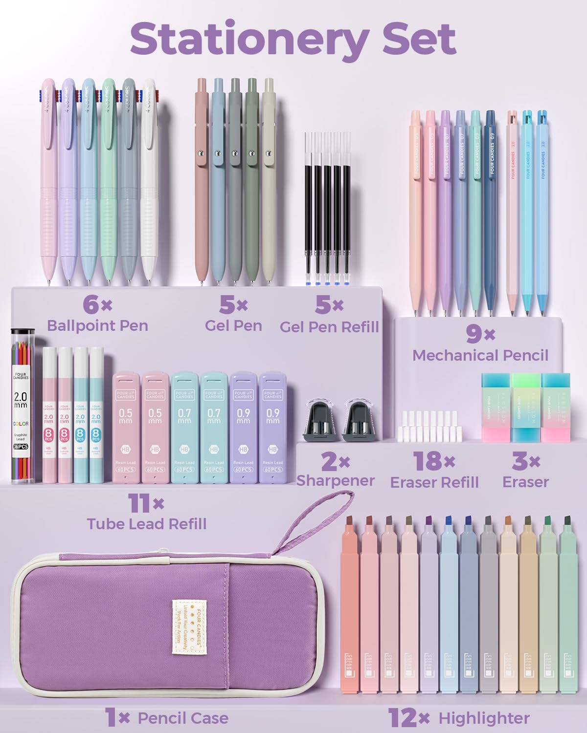 Thumbnail 1 de Four Candies 56 PCS Aesthetic School Supplies Set with Pencil Case (Purple)