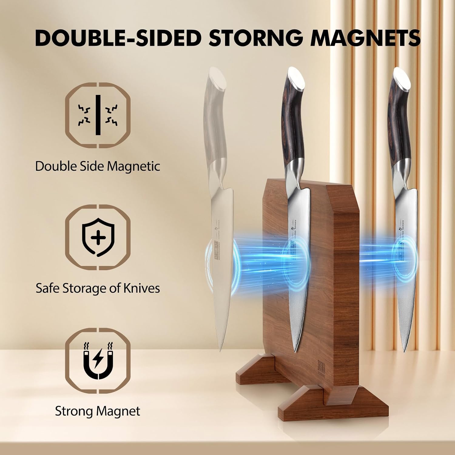 Detalle de HOSHANHO Magnetic Knife Block, Acacia Wood