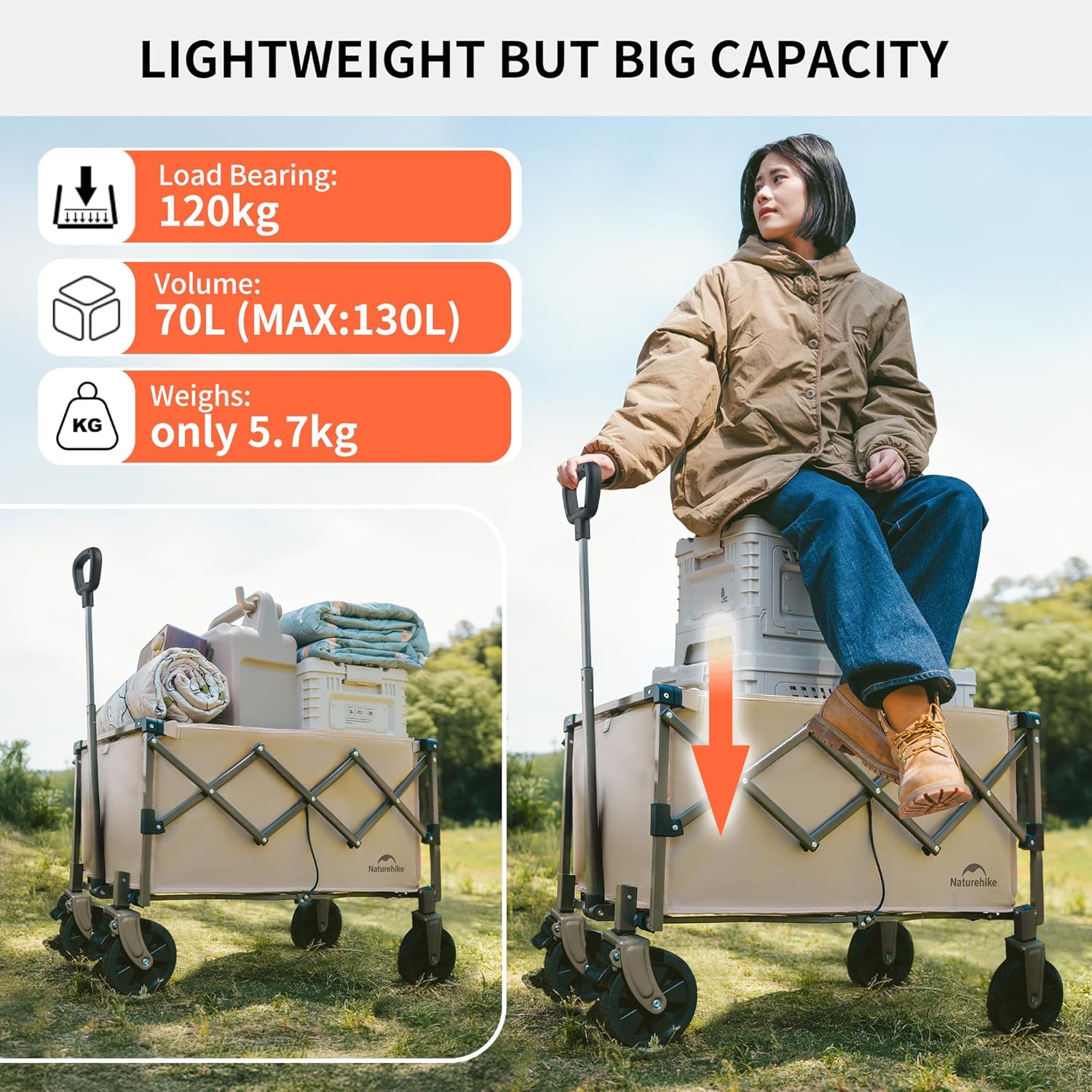 Detalle 2 de Naturehike Chariot à Main Pliable – Capacité 120 kg et 70 L, idéal camping et shopping