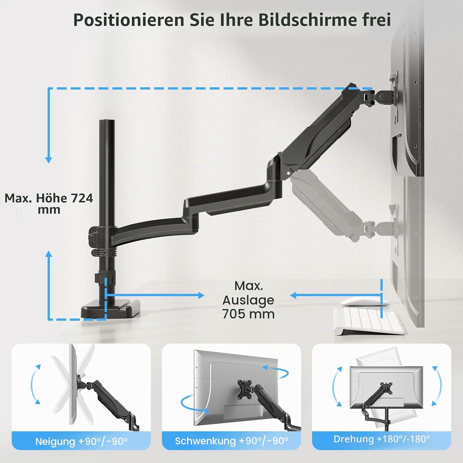 Detalle de MOUNTUP 705 mm Langarm Monitorhalterung für 13–32 Zoll (EU6021B) – Einzelarm bis 9 kg